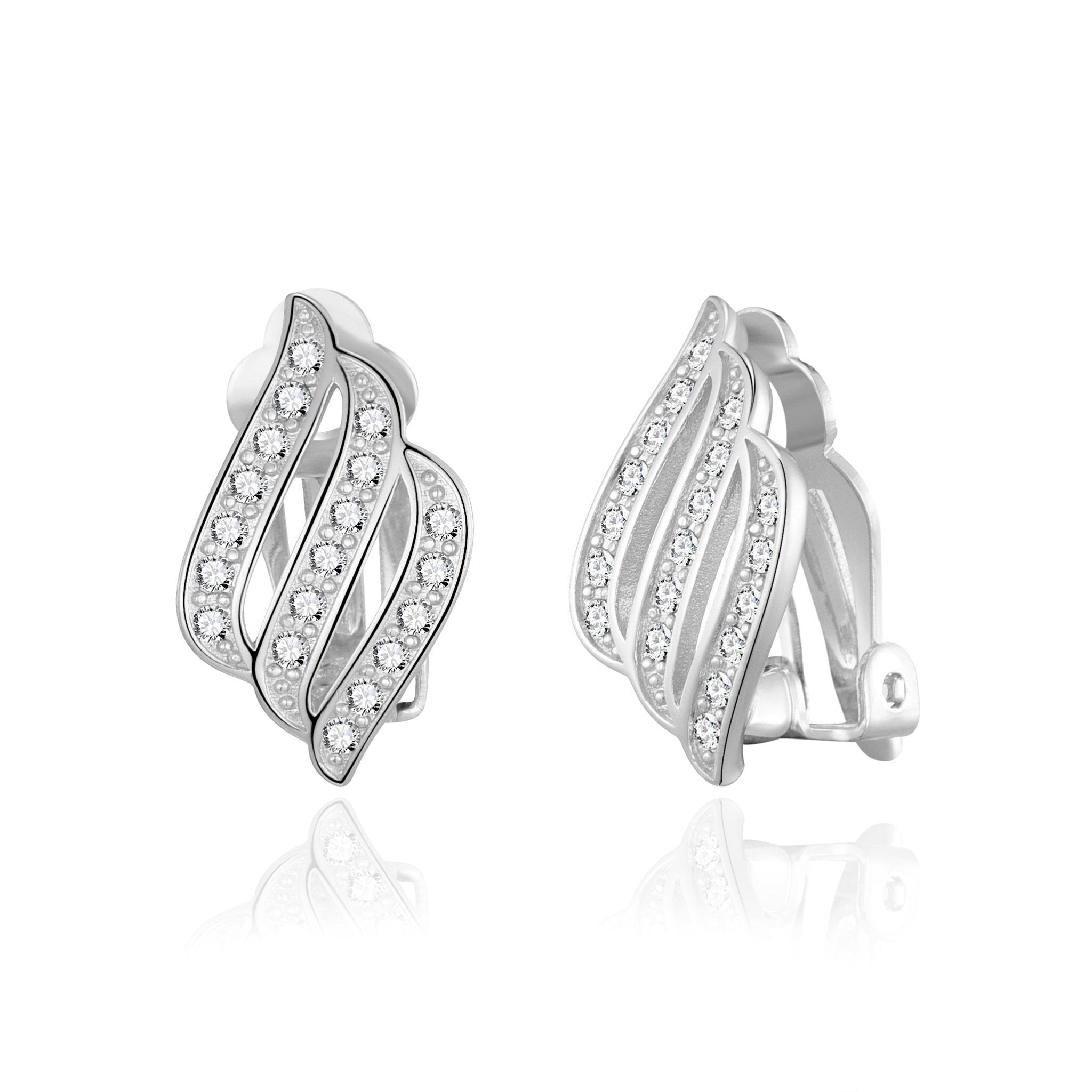 Silver Plated Triple Row Clip On Earrings Created with Zircondia® Crystals