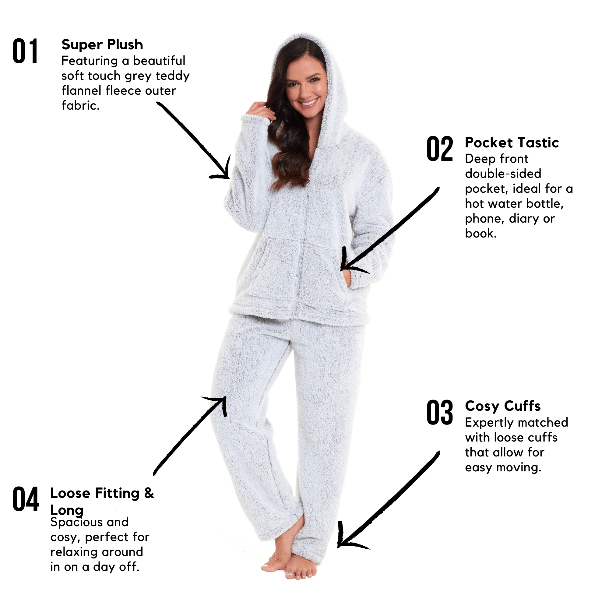 Soft Grey Plush Fleece Hooded Pyjama Set with Zipped Front for Winter Loungewear Ultra-Warm Teddy Fabric Sleepwear Multiple Sizes by Daisy Dreamer