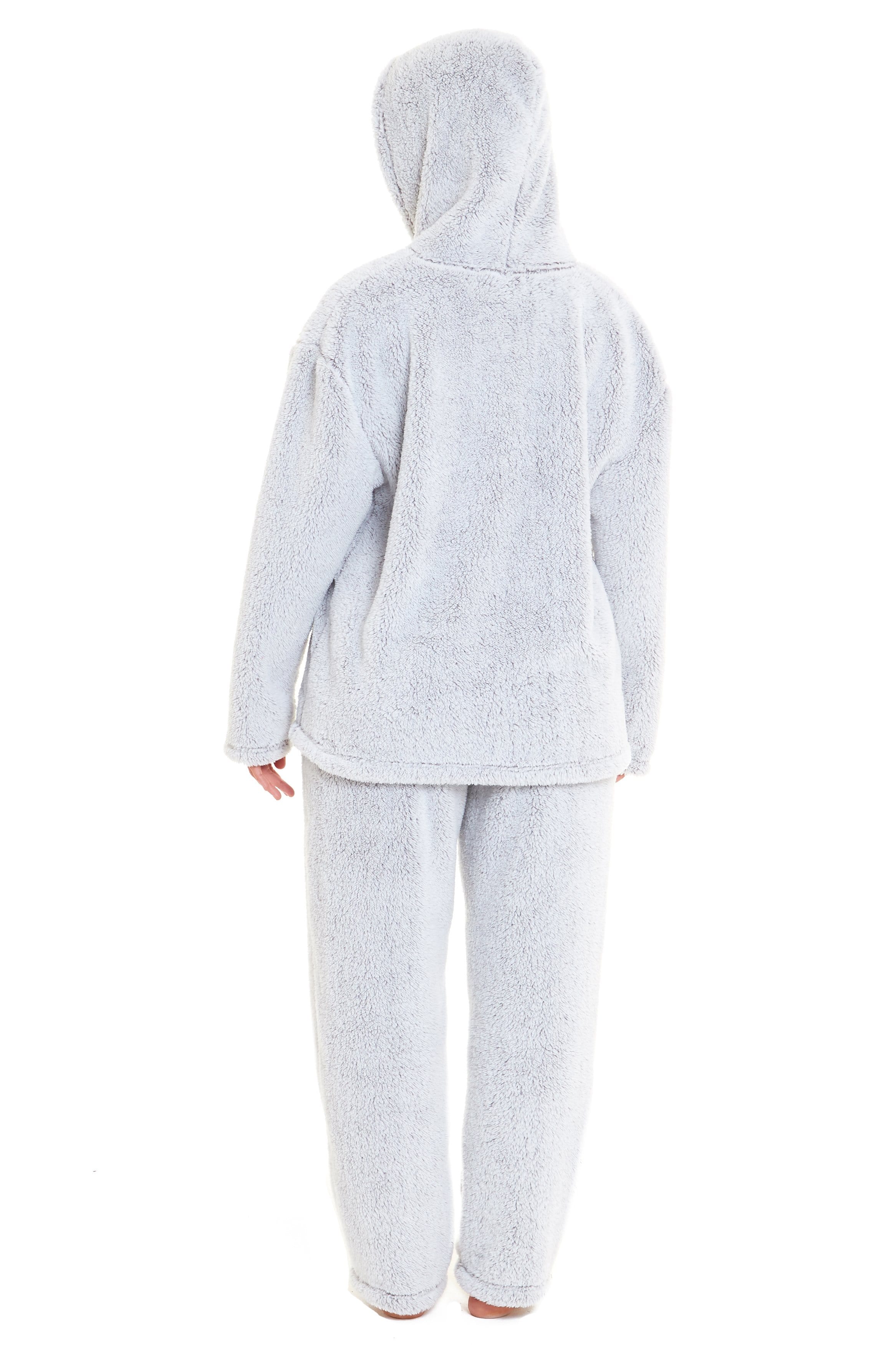 Soft Grey Plush Fleece Hooded Pyjama Set with Zipped Front for Winter Loungewear Ultra-Warm Teddy Fabric Sleepwear Multiple Sizes by Daisy Dreamer