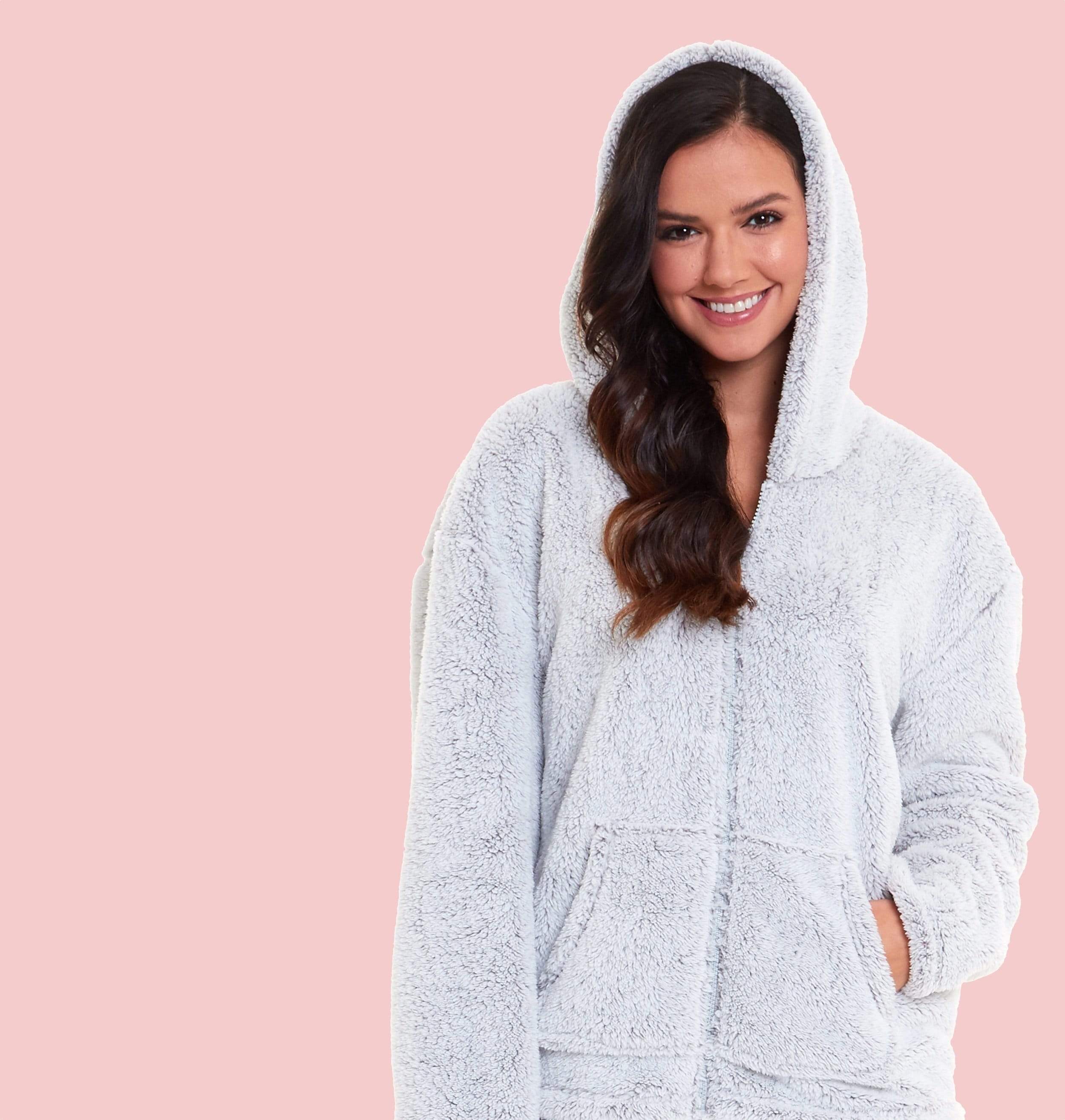 Soft Grey Plush Fleece Hooded Pyjama Set with Zipped Front for Winter Loungewear Ultra-Warm Teddy Fabric Sleepwear Multiple Sizes by Daisy Dreamer