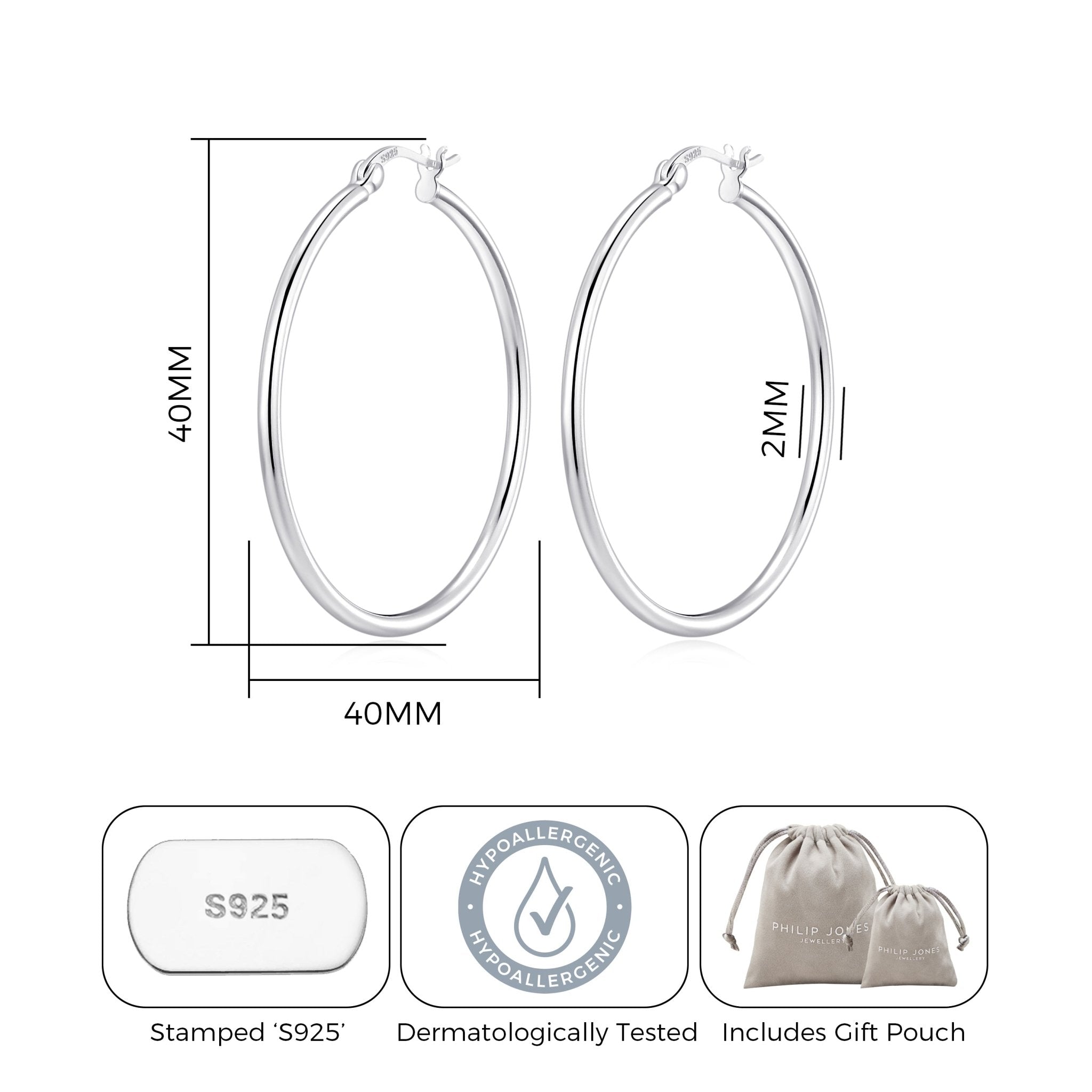 Sterling Silver 40mm Hoop Earrings
