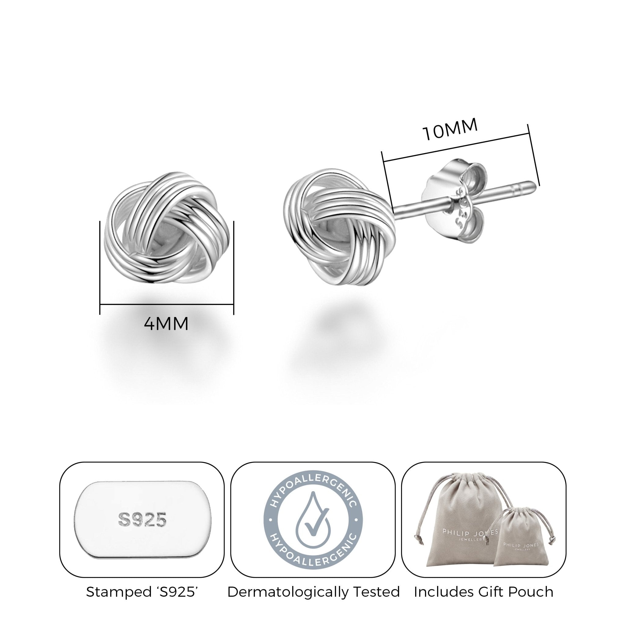 Sterling Silver 4mm Love Knot Earrings