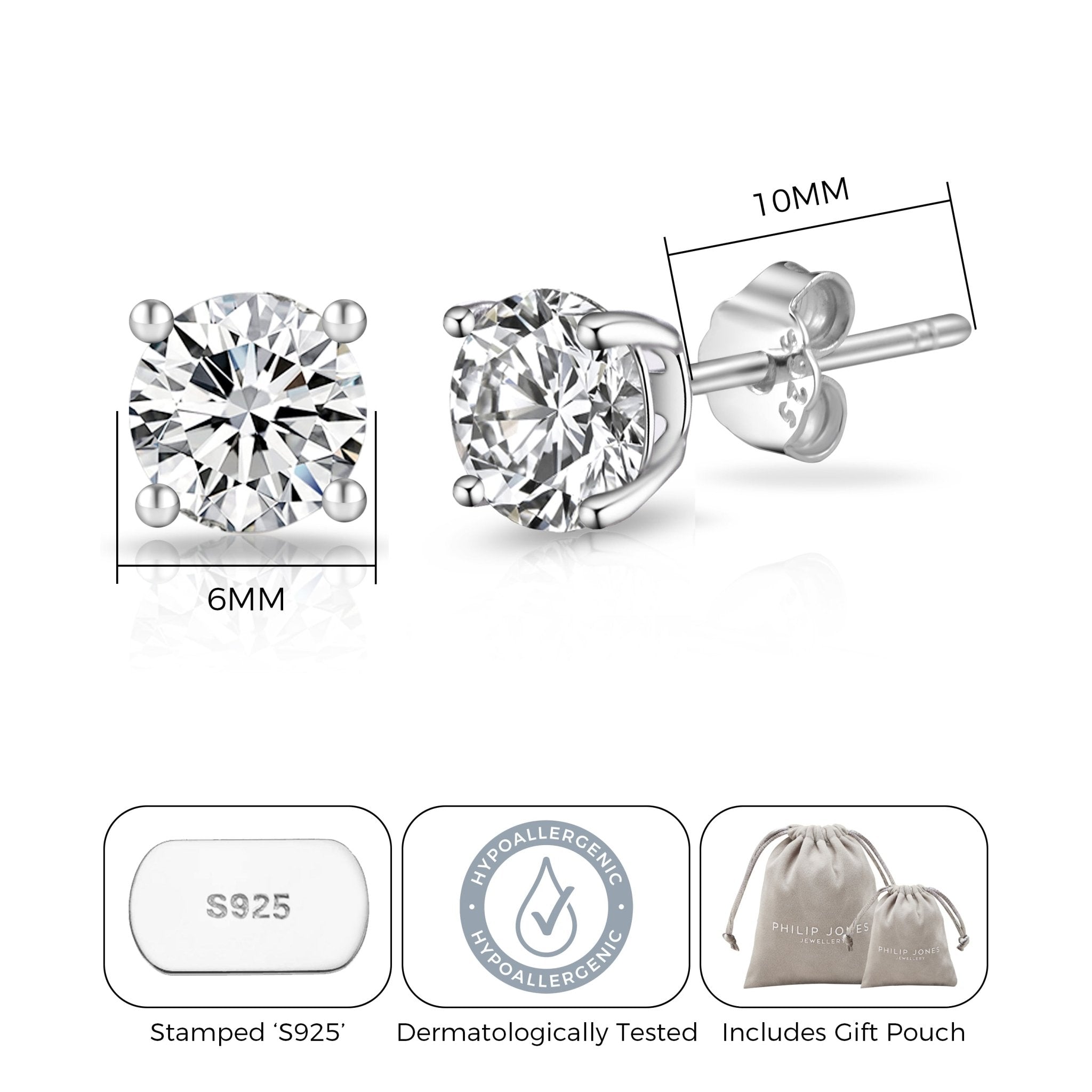 Sterling Silver 6mm Round Earrings Created with Zircondia® Crystals