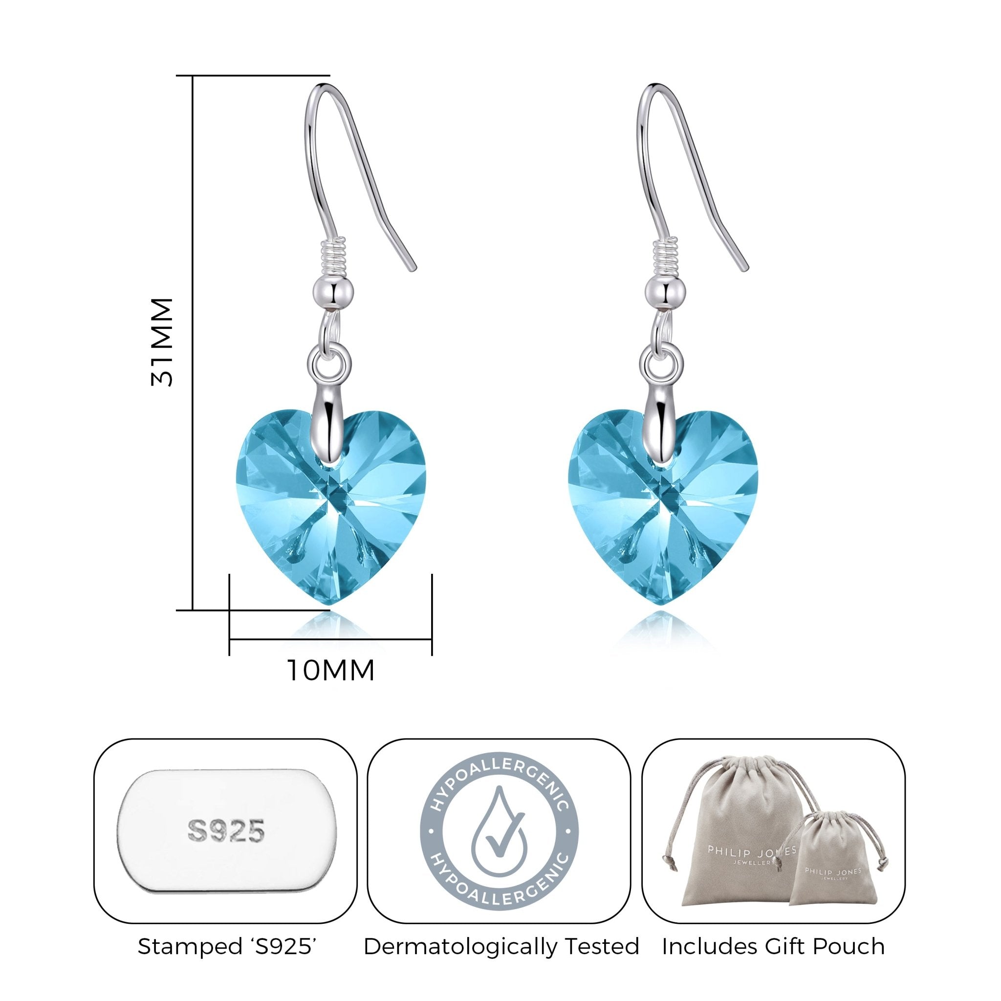 Sterling Silver Aquamarine Heart Earrings Created with Zircondia® Crystals
