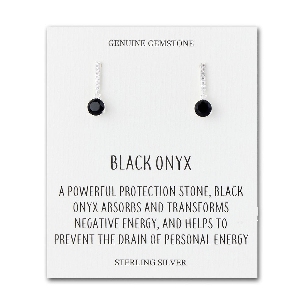 Sterling Silver Black Onyx Gemstone Drop Earrings with Quote Card
