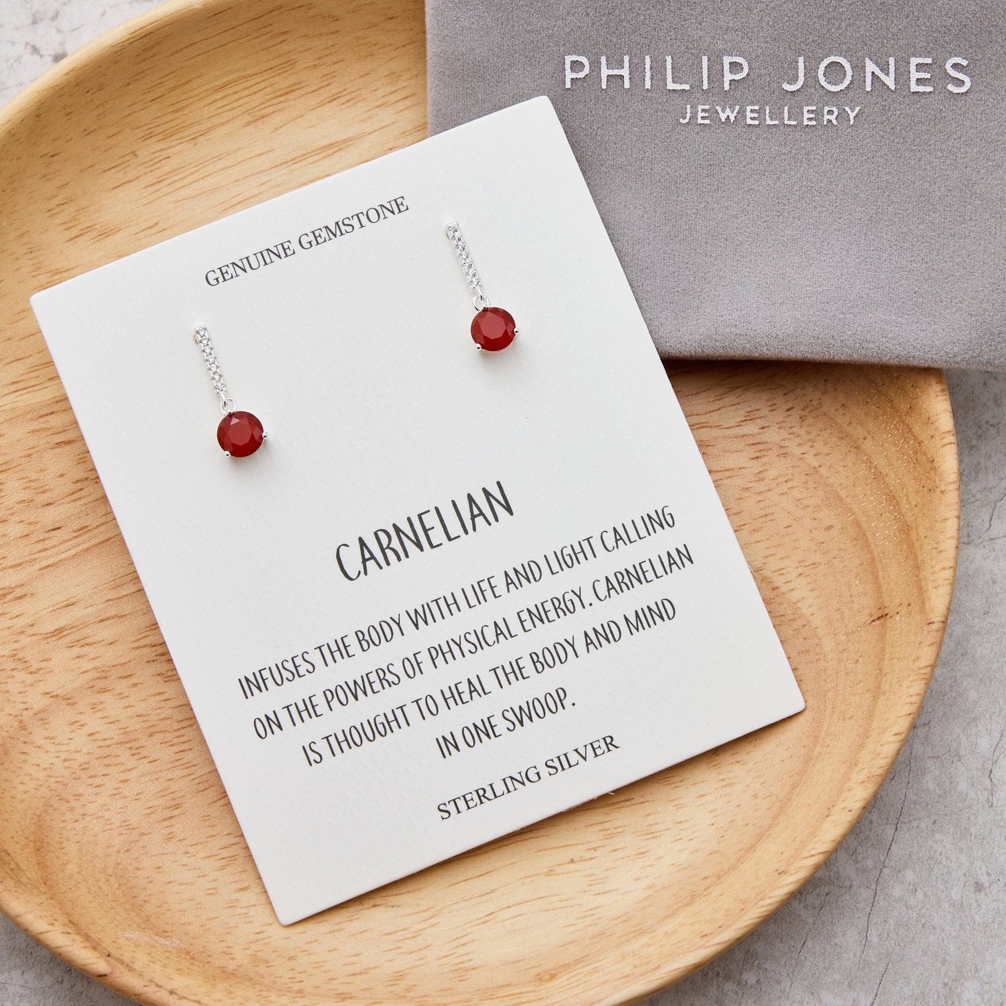 Sterling Silver Carnelian Gemstone Drop Earrings with Quote Card