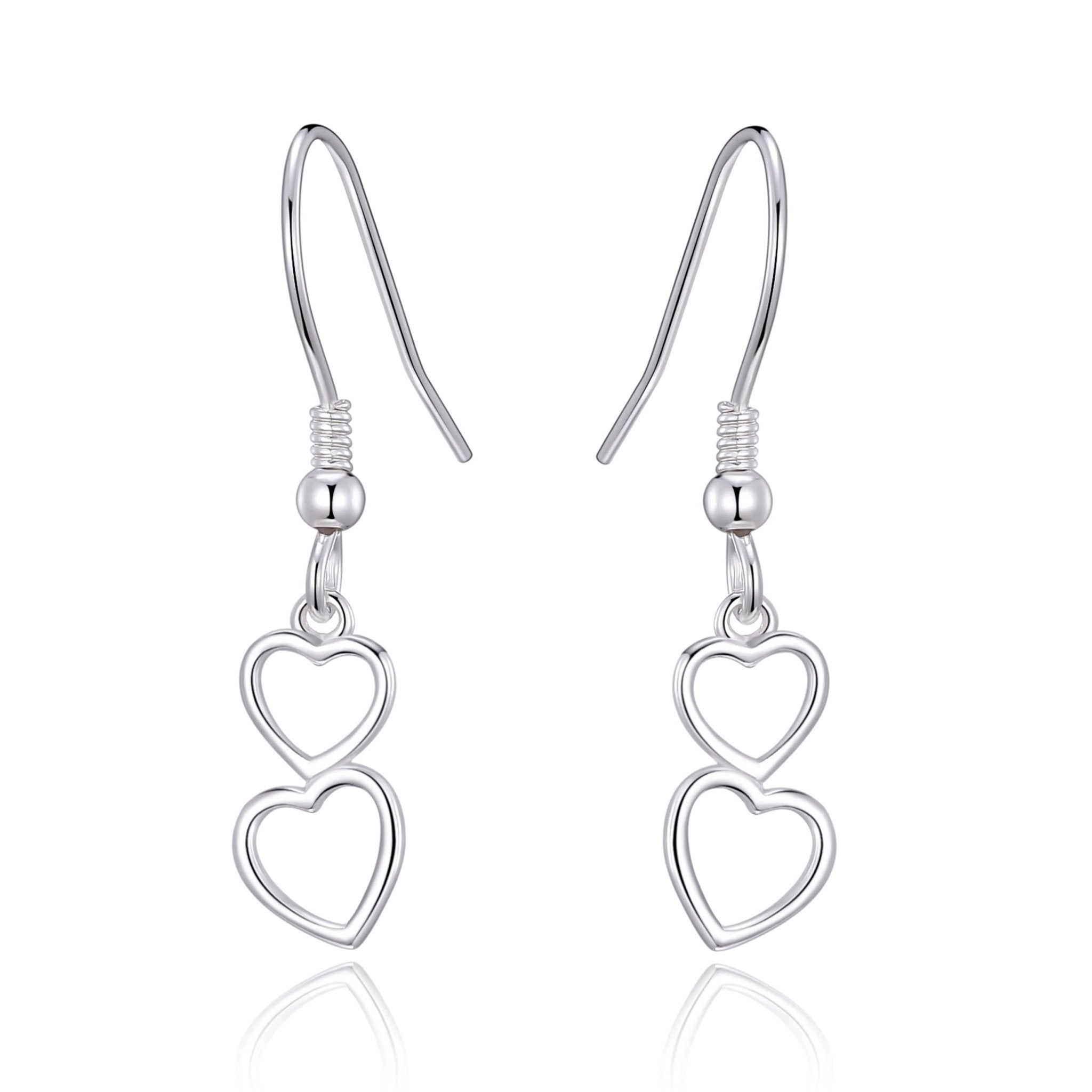 Sterling Silver Double Heart Drop Earrings