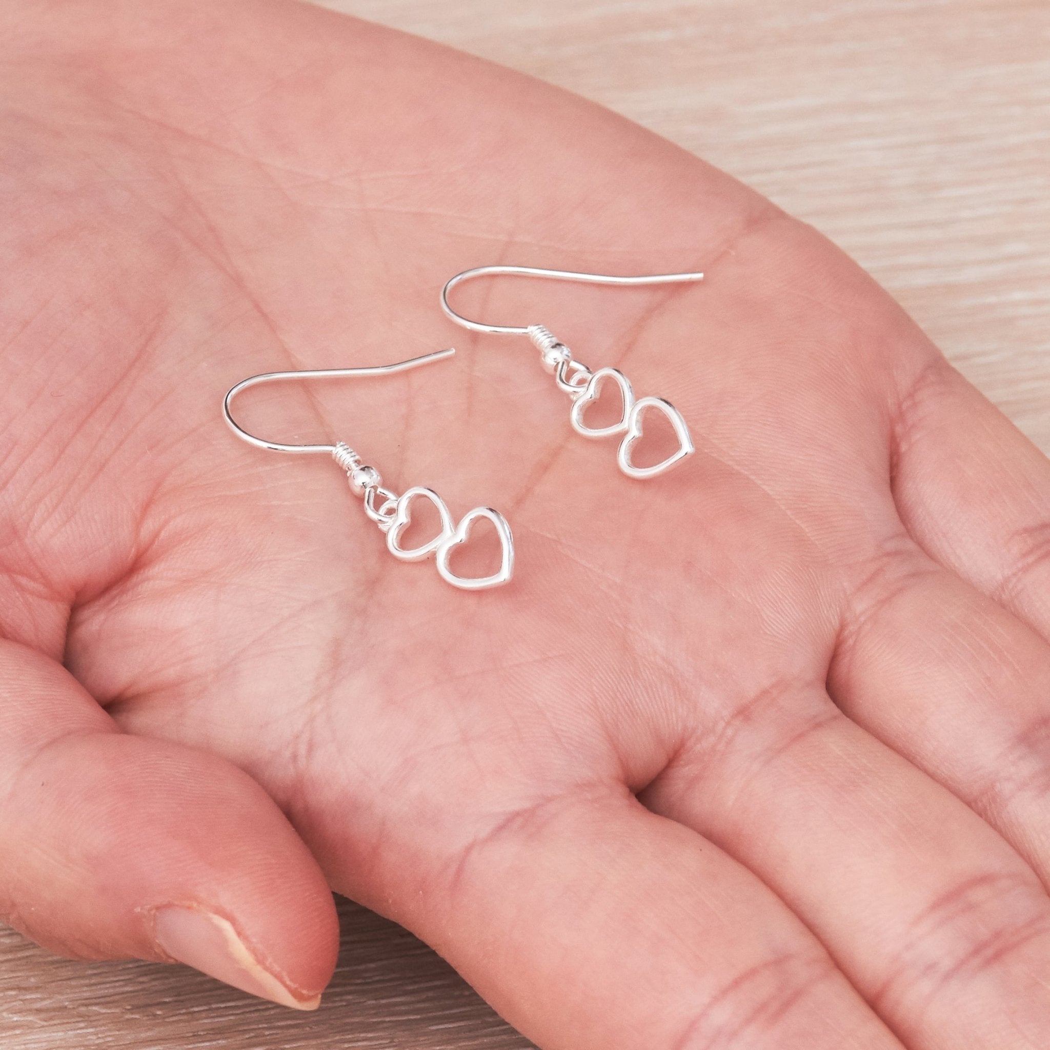 Sterling Silver Double Heart Drop Earrings