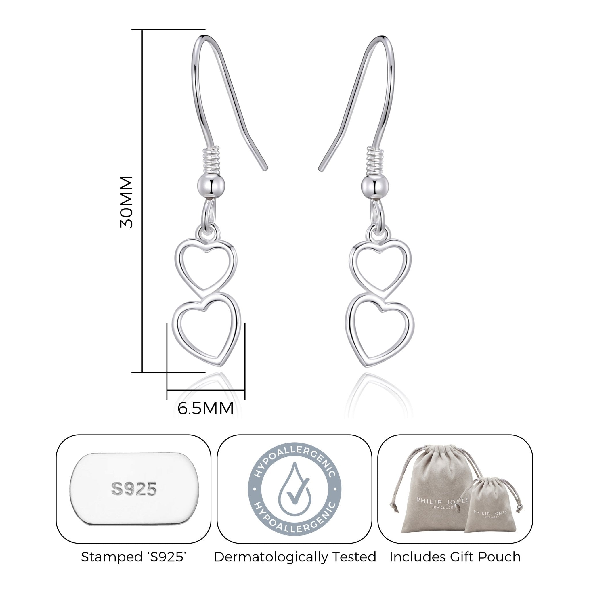 Sterling Silver Double Heart Drop Earrings
