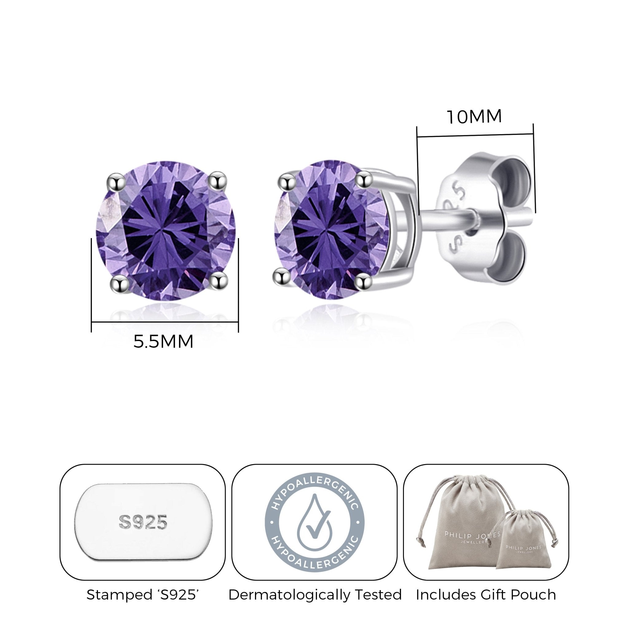 Sterling Silver February (Amethyst) Birthstone Earrings Created with Zircondia® Crystals
