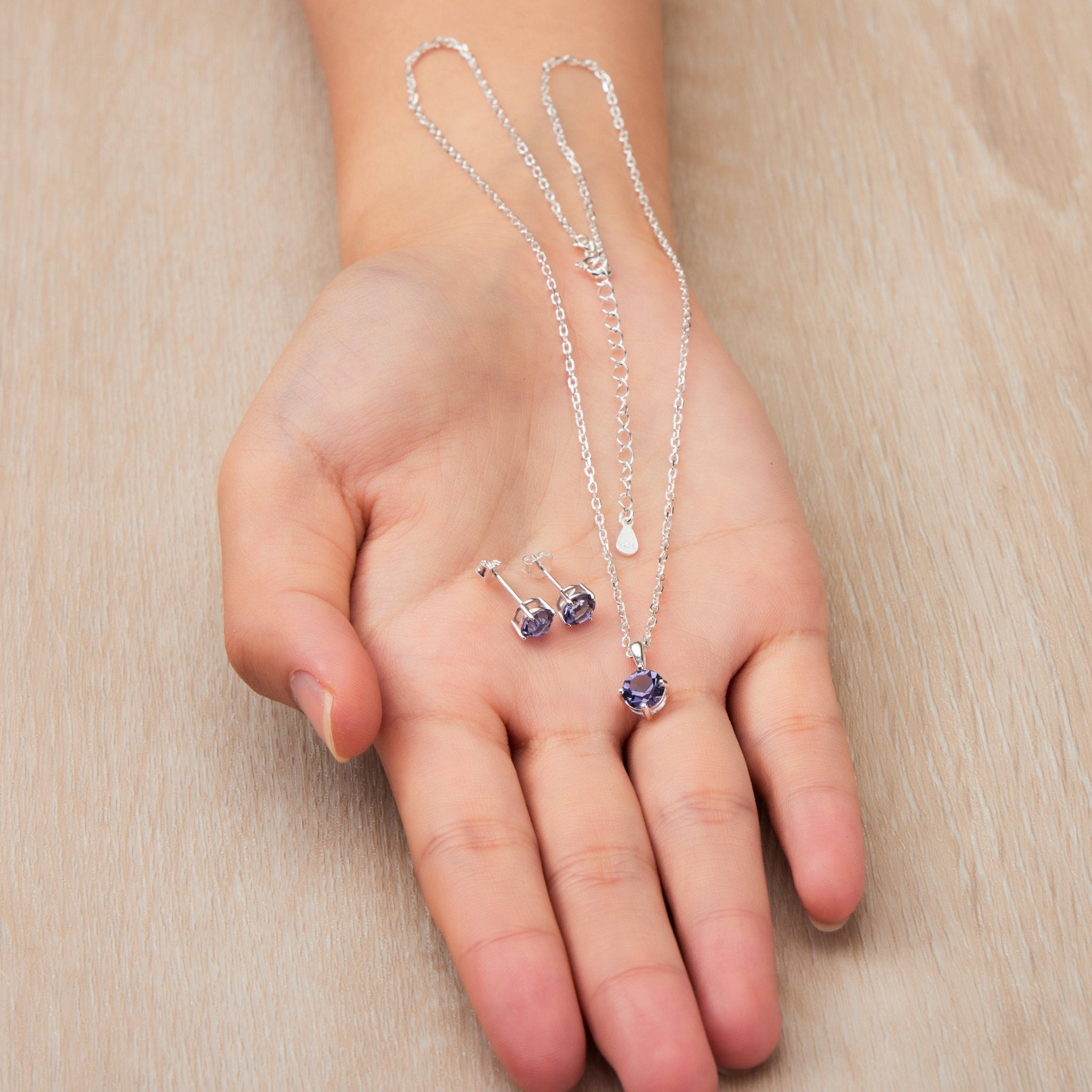 Sterling Silver February (Amethyst) Birthstone Necklace & Earrings Set Created with Zircondia® Crystals