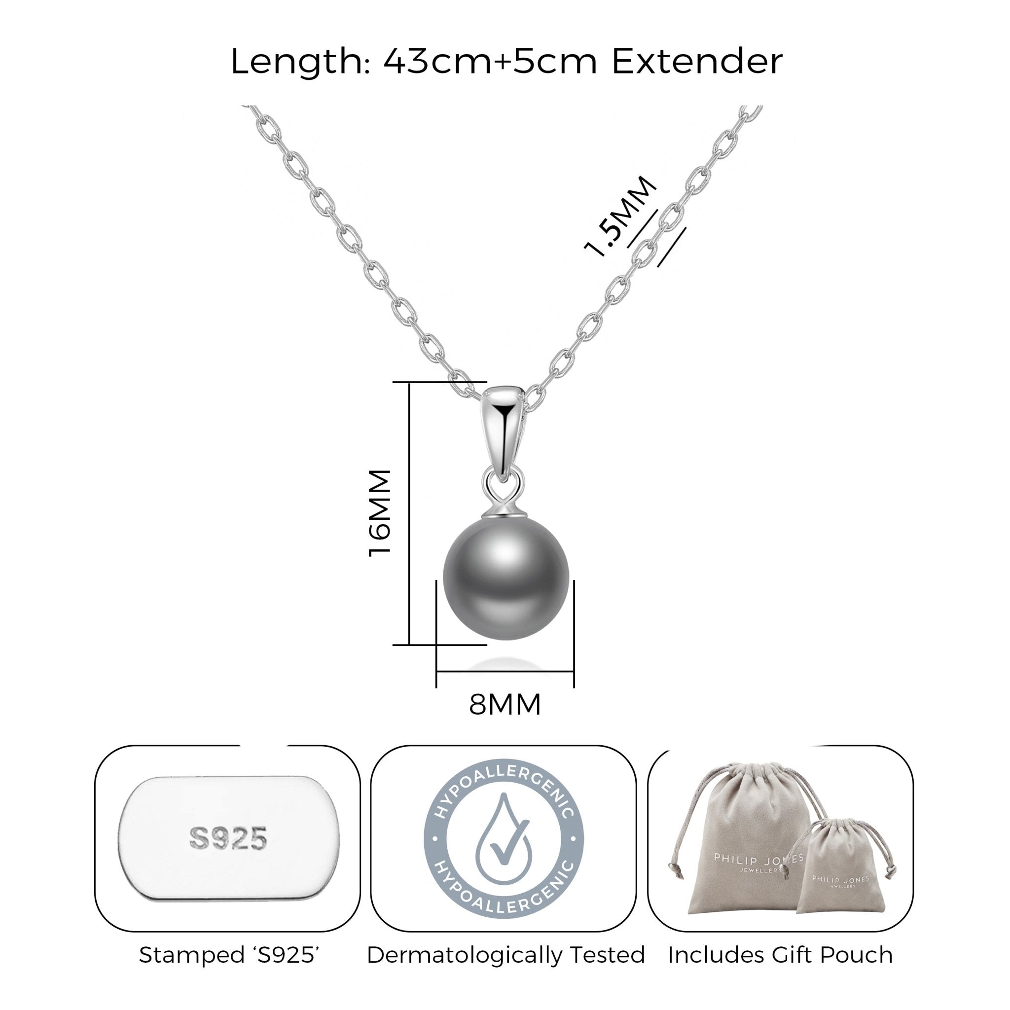Sterling Silver Grey Shell Pearl Necklace