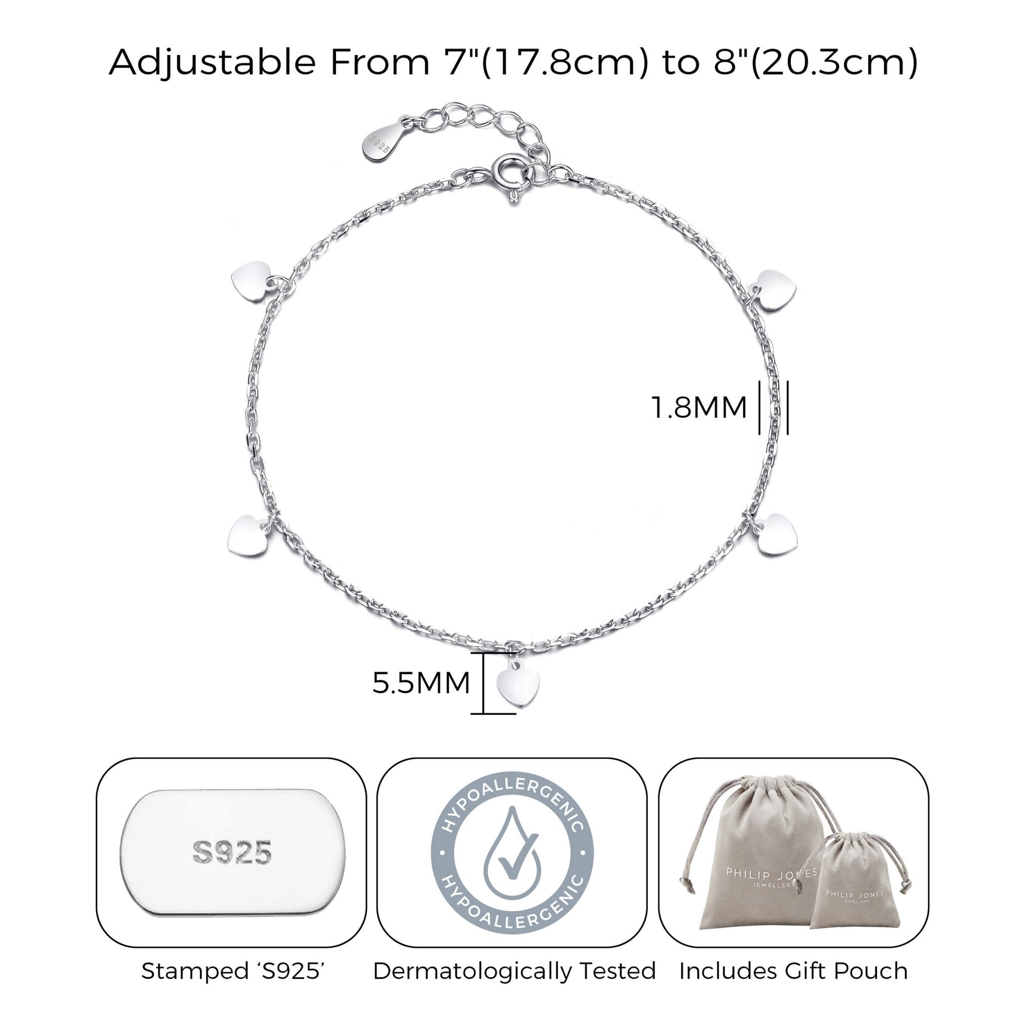 Sterling Silver Heart Charm Bracelet