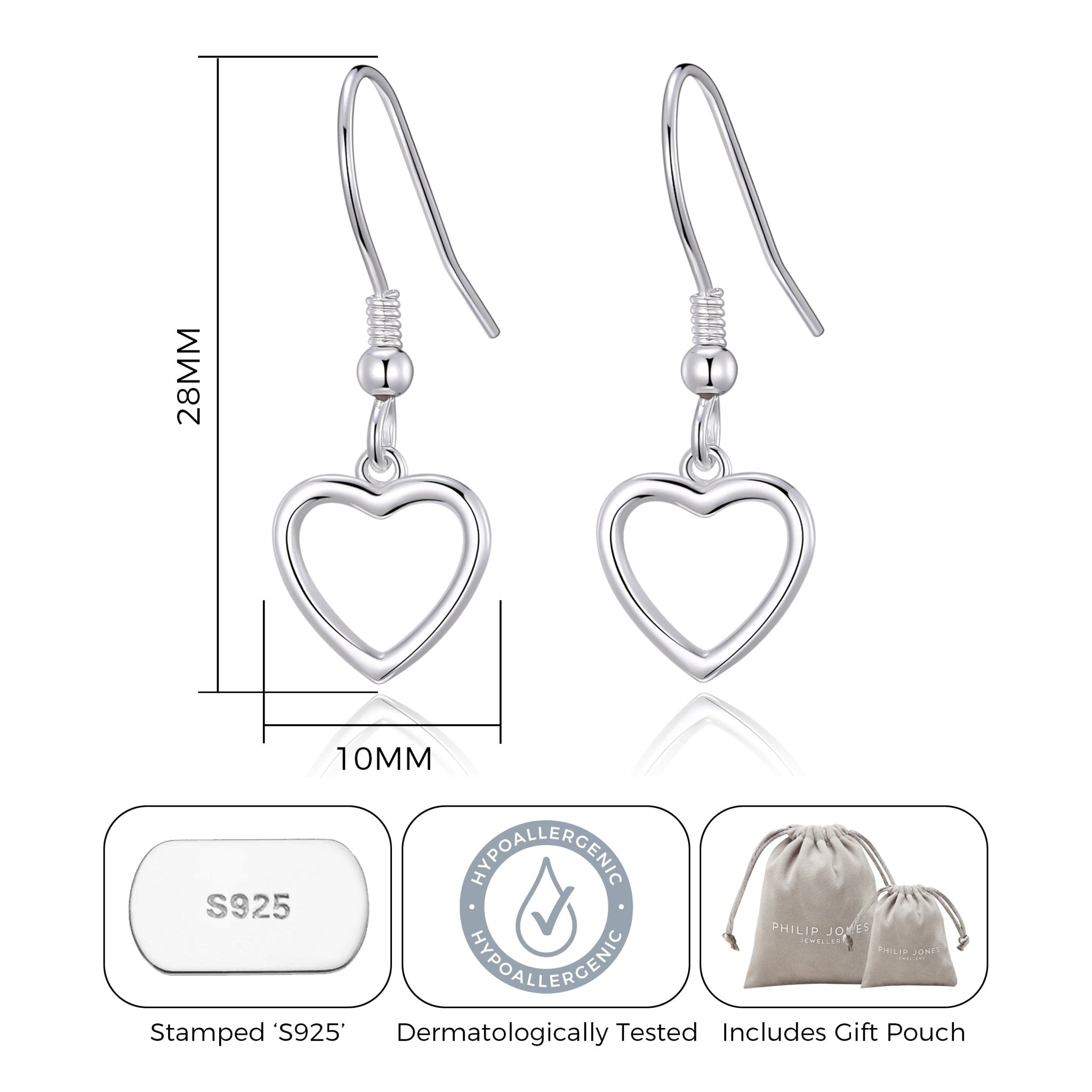 Sterling Silver Heart Drop Earrings
