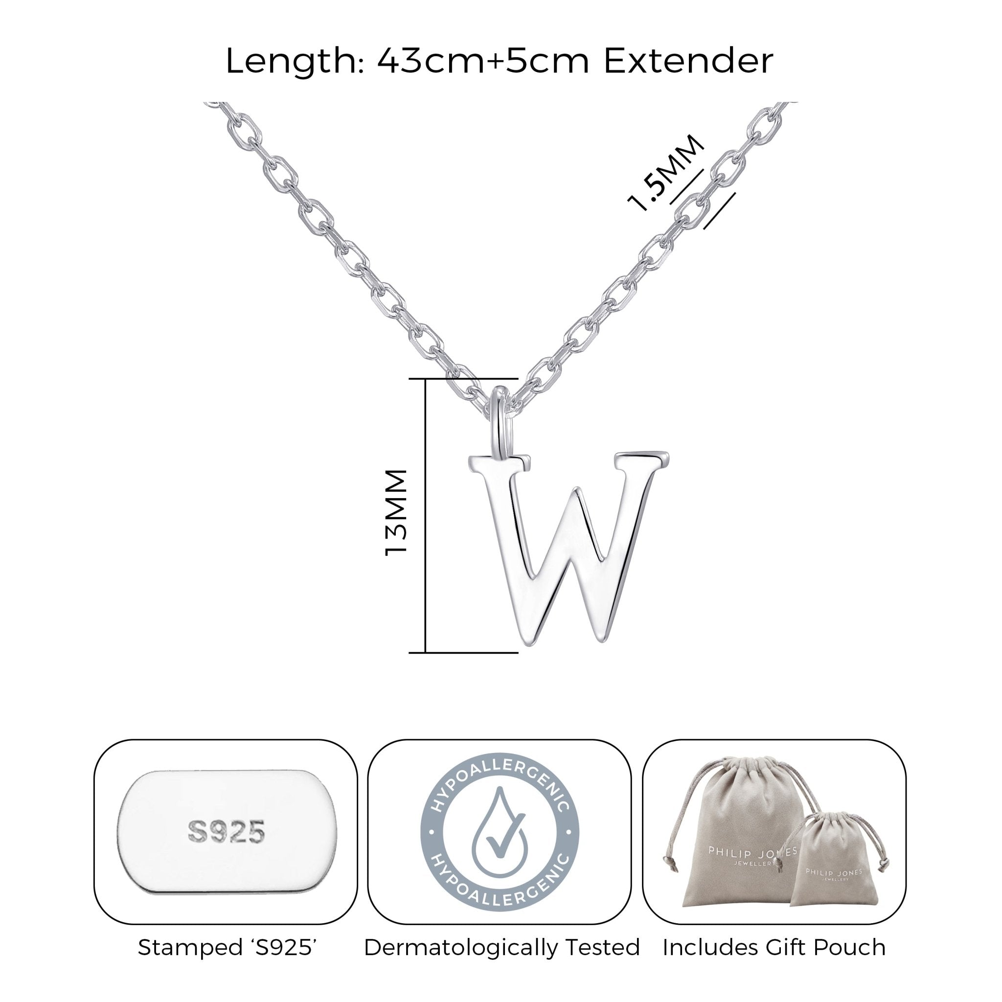 Sterling Silver Initial W Necklace