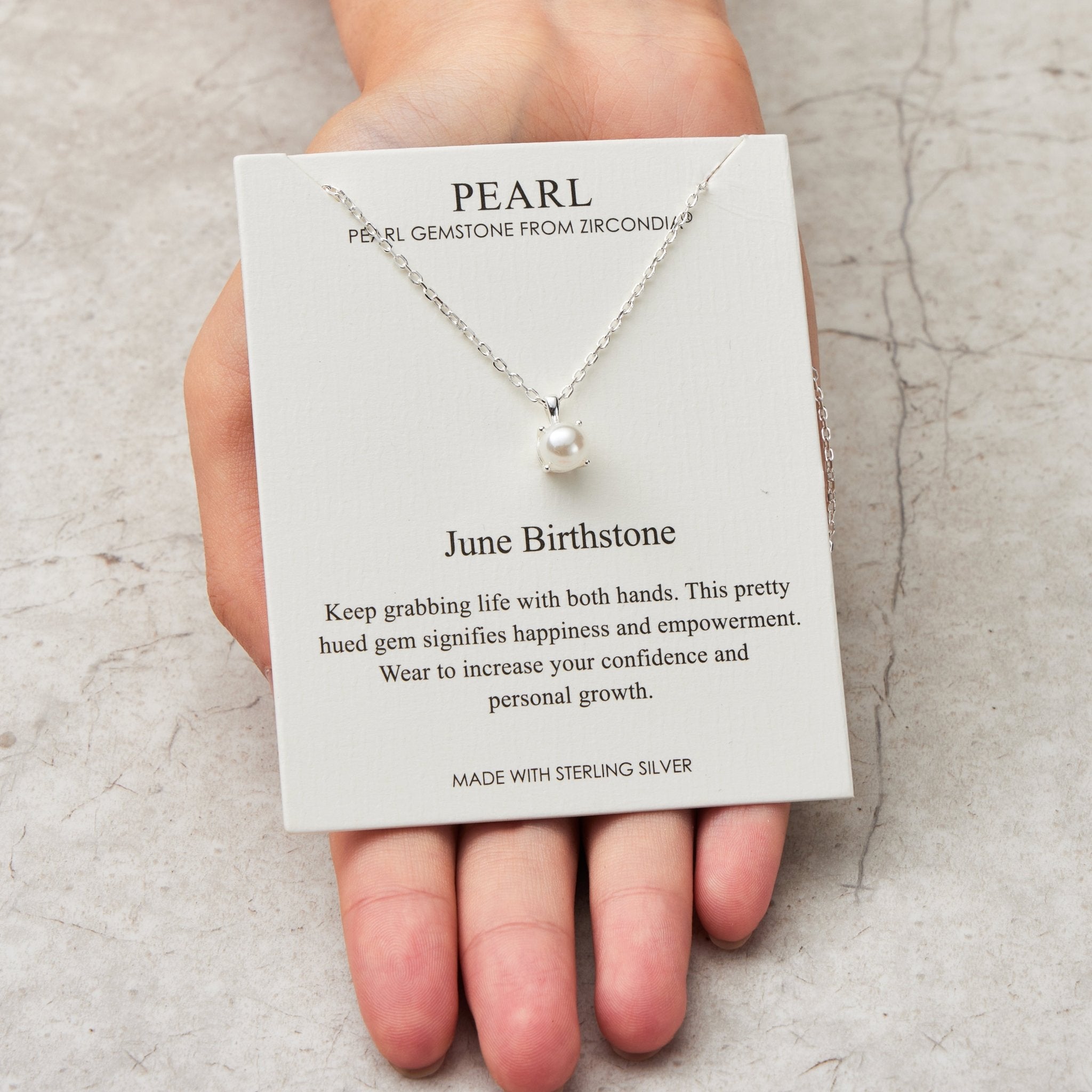 Sterling Silver June (Pearl) Birthstone Necklace Created with Gemstones from Zircondia®