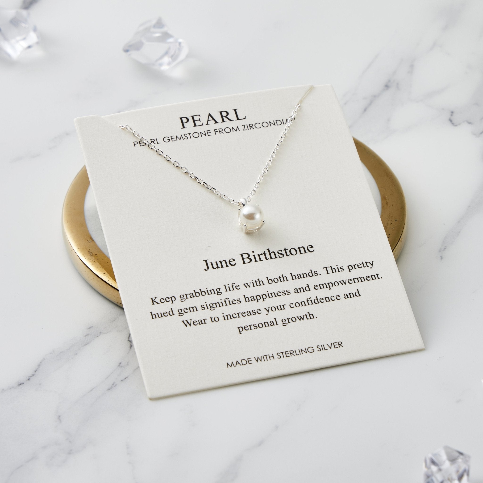Sterling Silver June (Pearl) Birthstone Necklace Created with Gemstones from Zircondia®