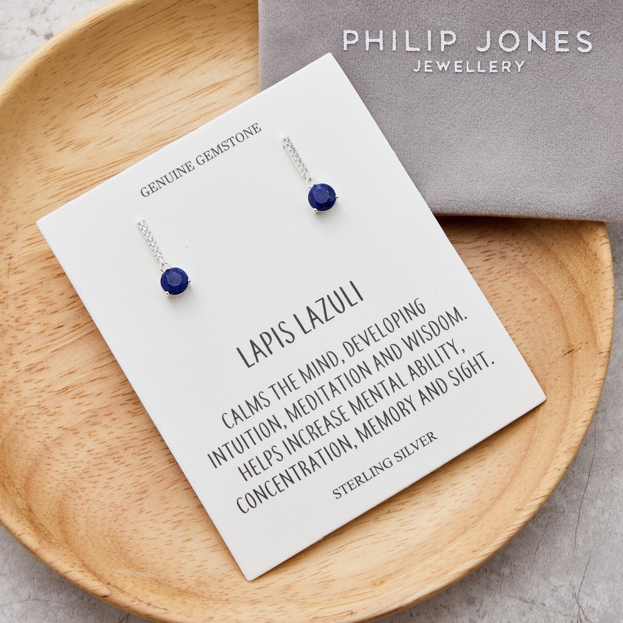 Sterling Silver Lapis Gemstone Drop Earrings with Quote Card