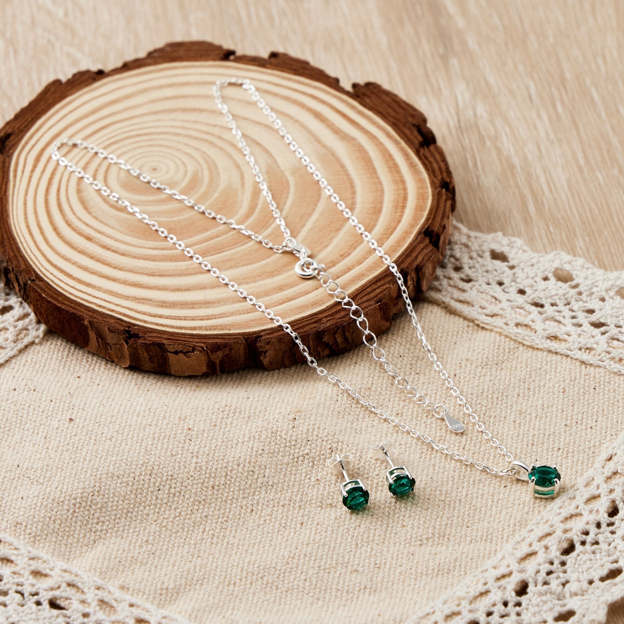 Sterling Silver May (Emerald) Birthstone Necklace & Earrings Set Created with Zircondia® Crystals