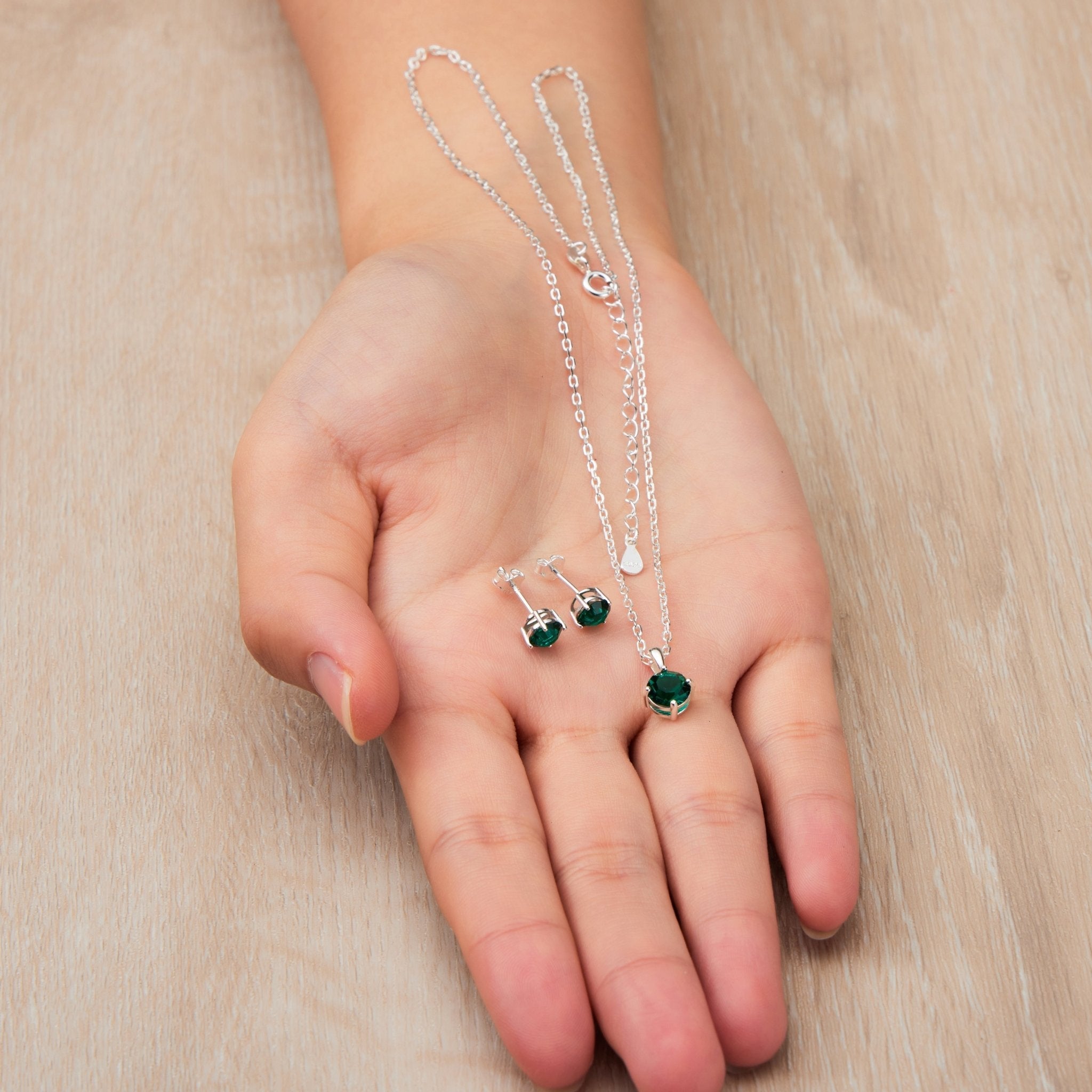 Sterling Silver May (Emerald) Birthstone Necklace & Earrings Set Created with Zircondia® Crystals
