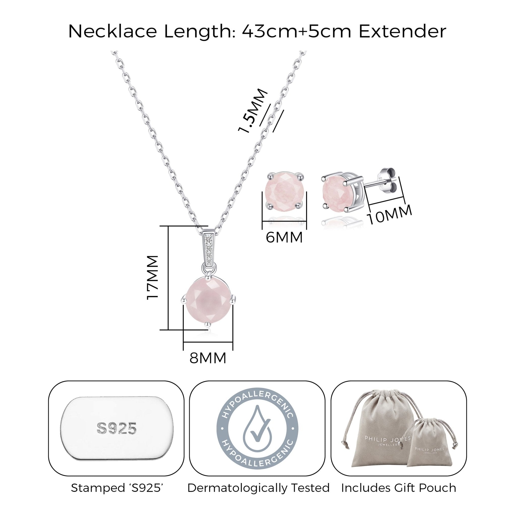 Sterling Silver Rose Quartz Gemstone Set with Quote Card