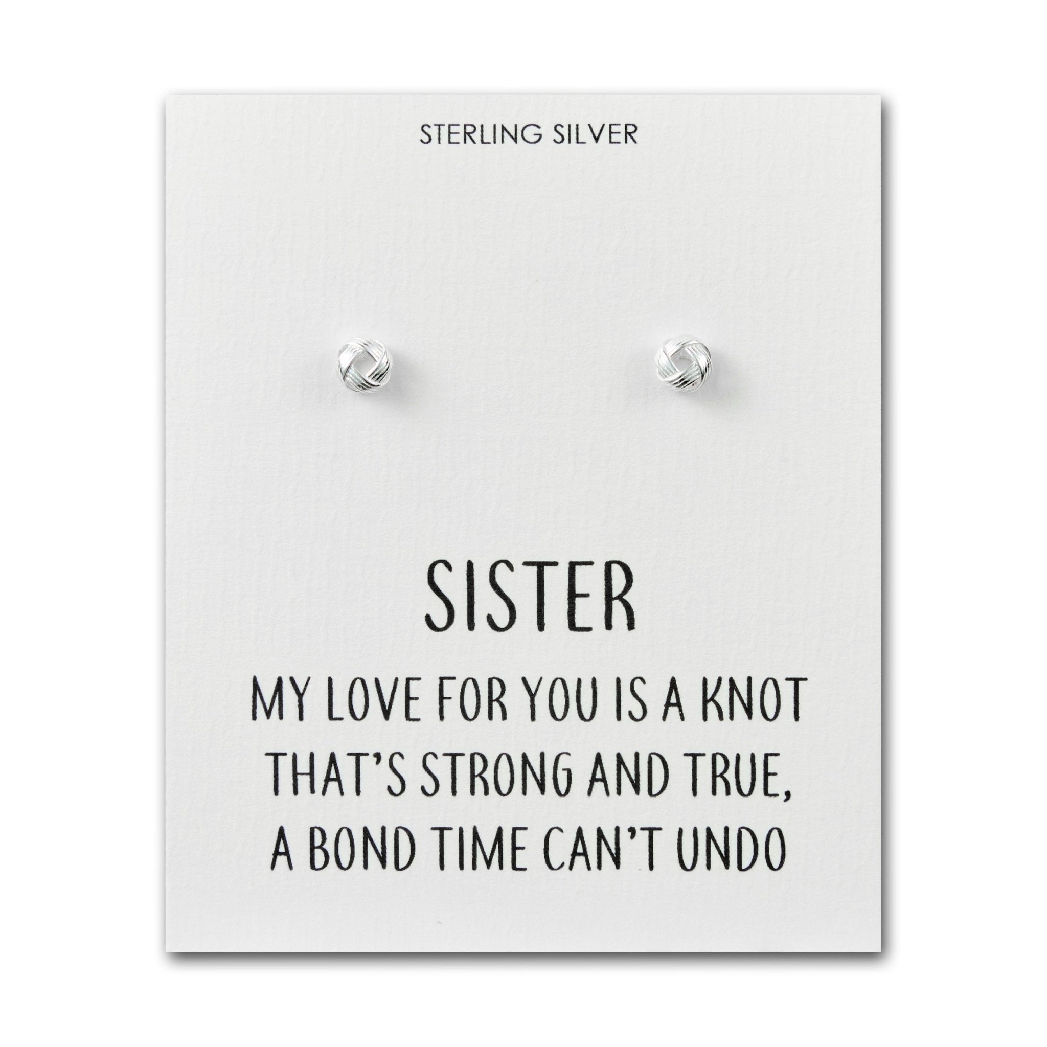 Sterling Silver Sister Quote Knot Earrings