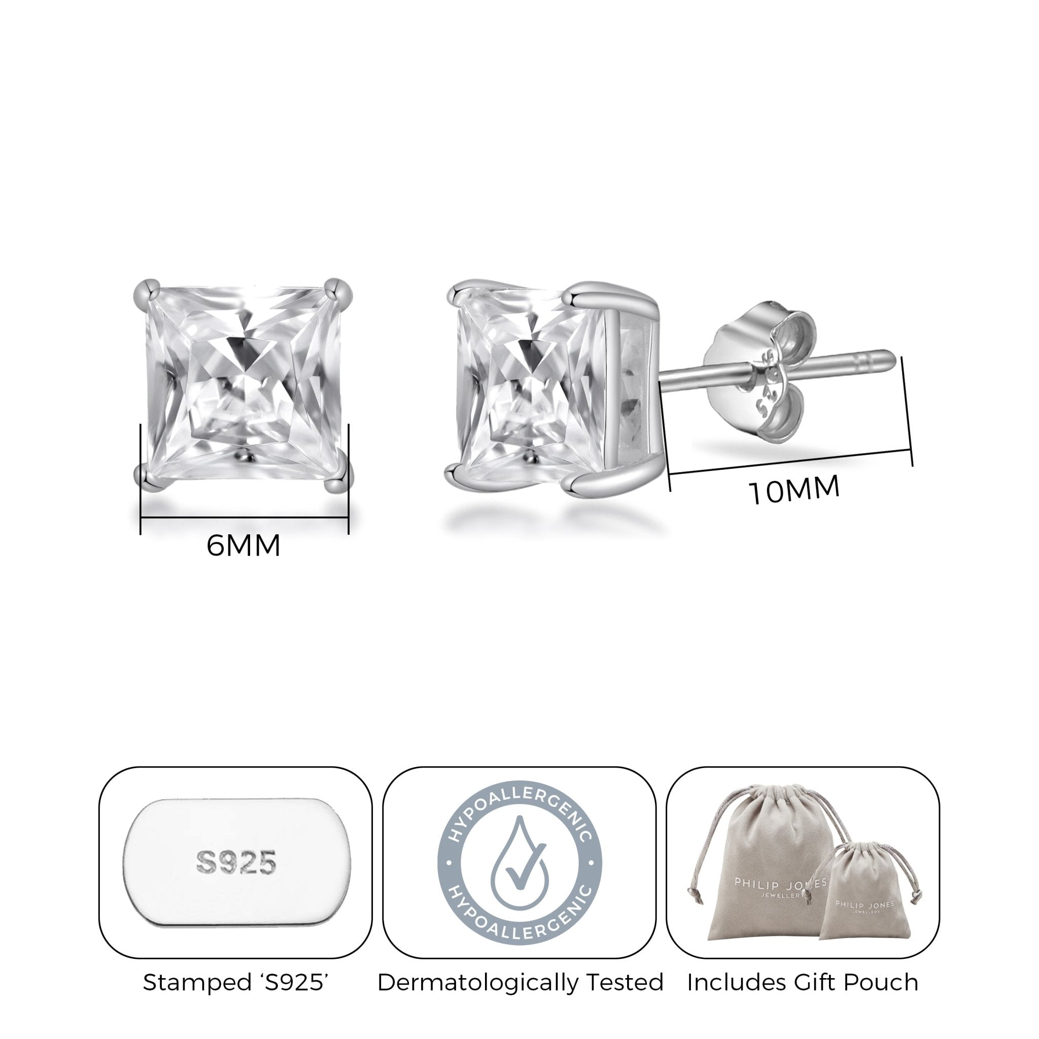 Sterling Silver Square Earrings Created with Zircondia® Crystals