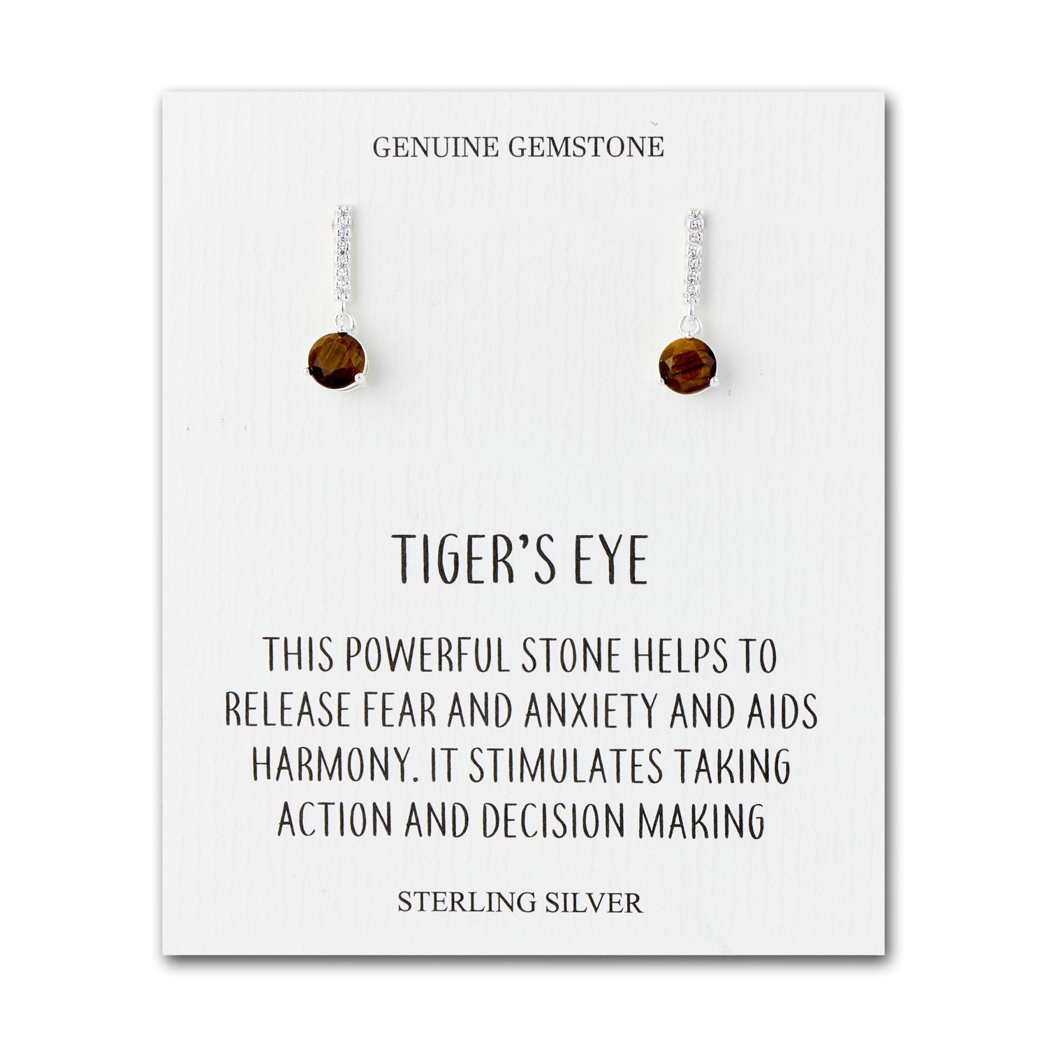 Sterling Silver Tigers Eye Gemstone Drop Earrings with Quote Card
