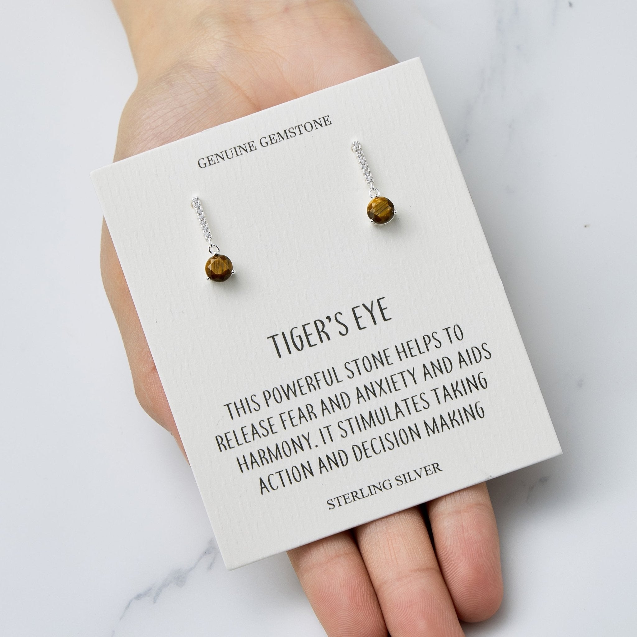 Sterling Silver Tigers Eye Gemstone Drop Earrings with Quote Card