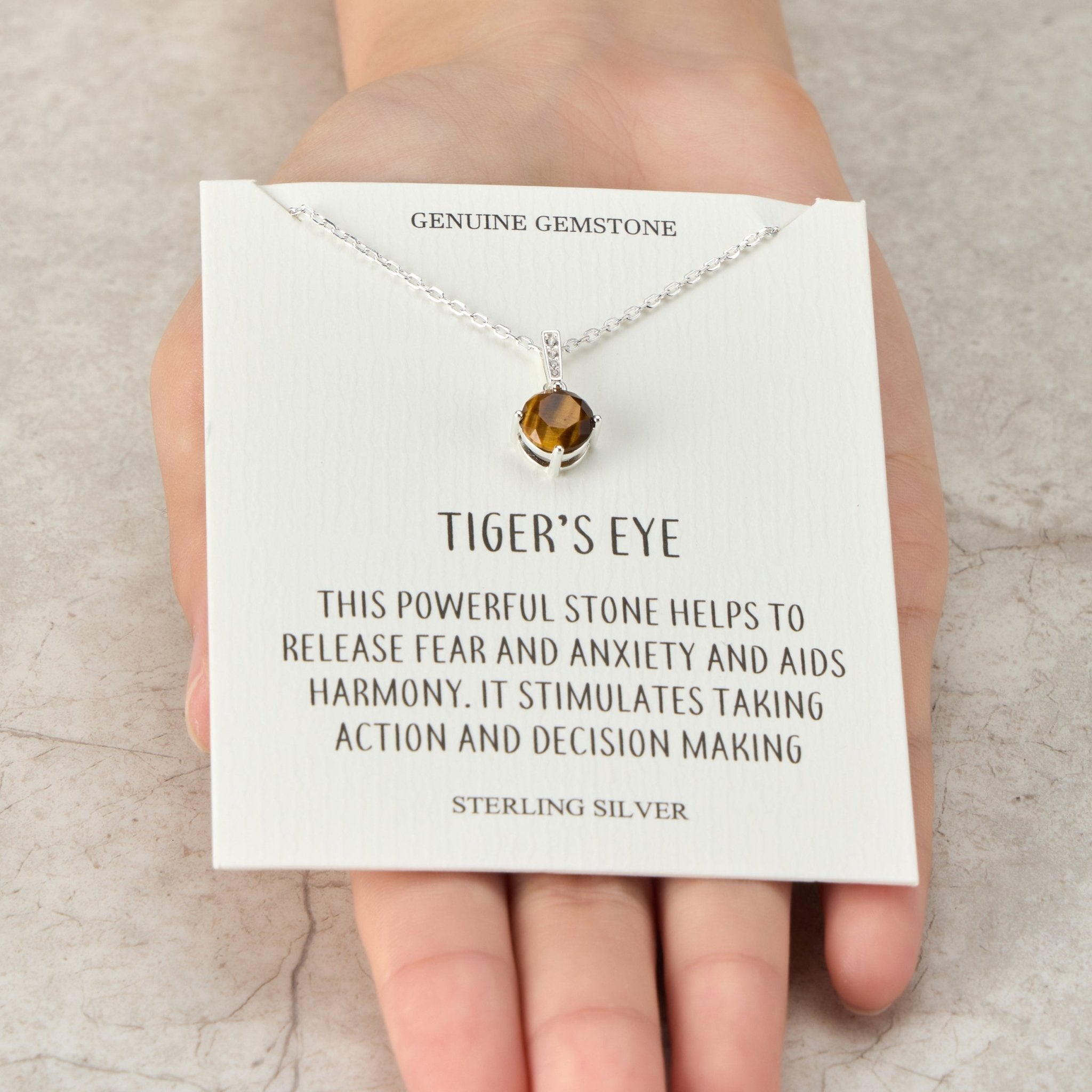 Sterling Silver Tigers Eye Gemstone Necklace with Quote Card
