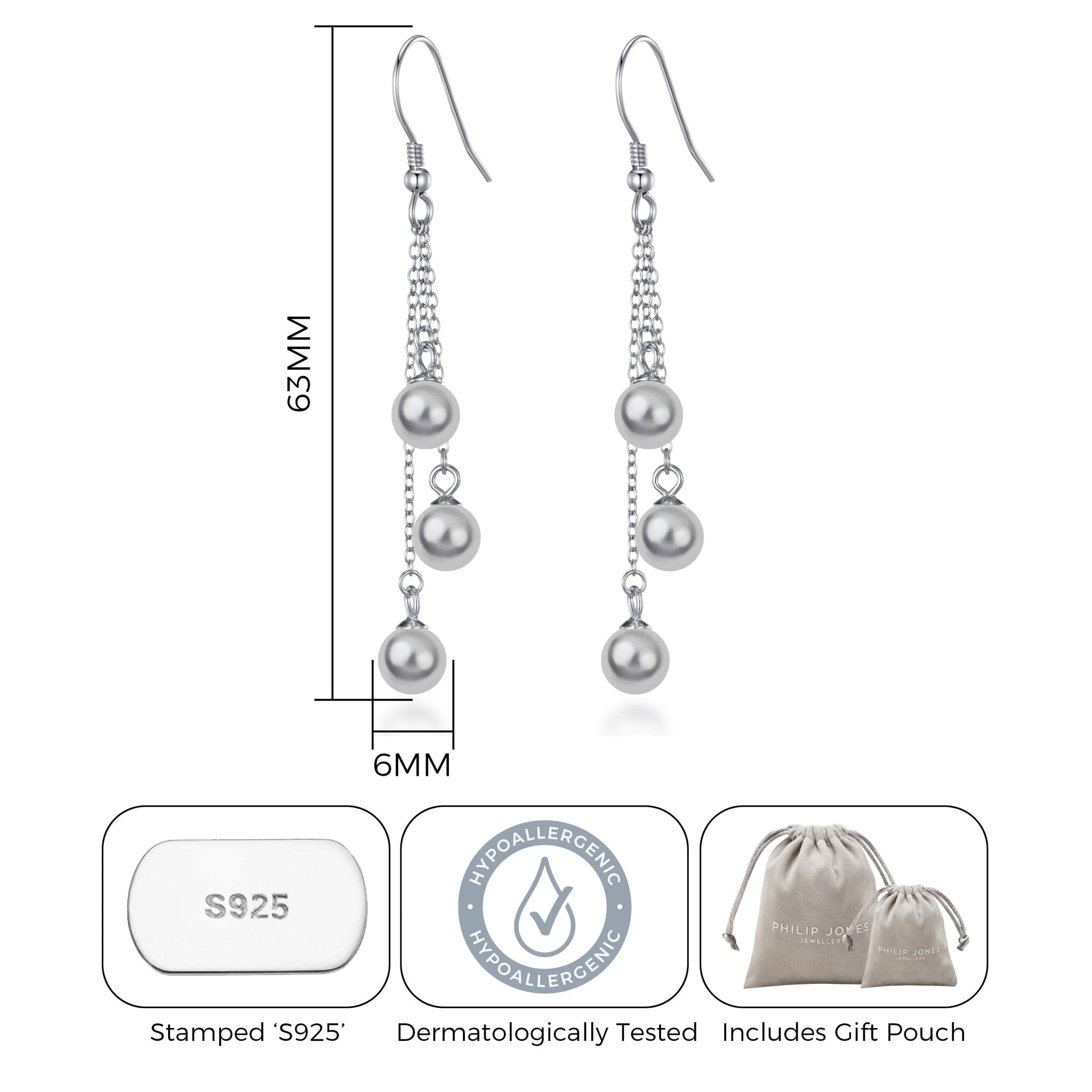 Sterling Silver Triple Grey Pearl Drop Earrings