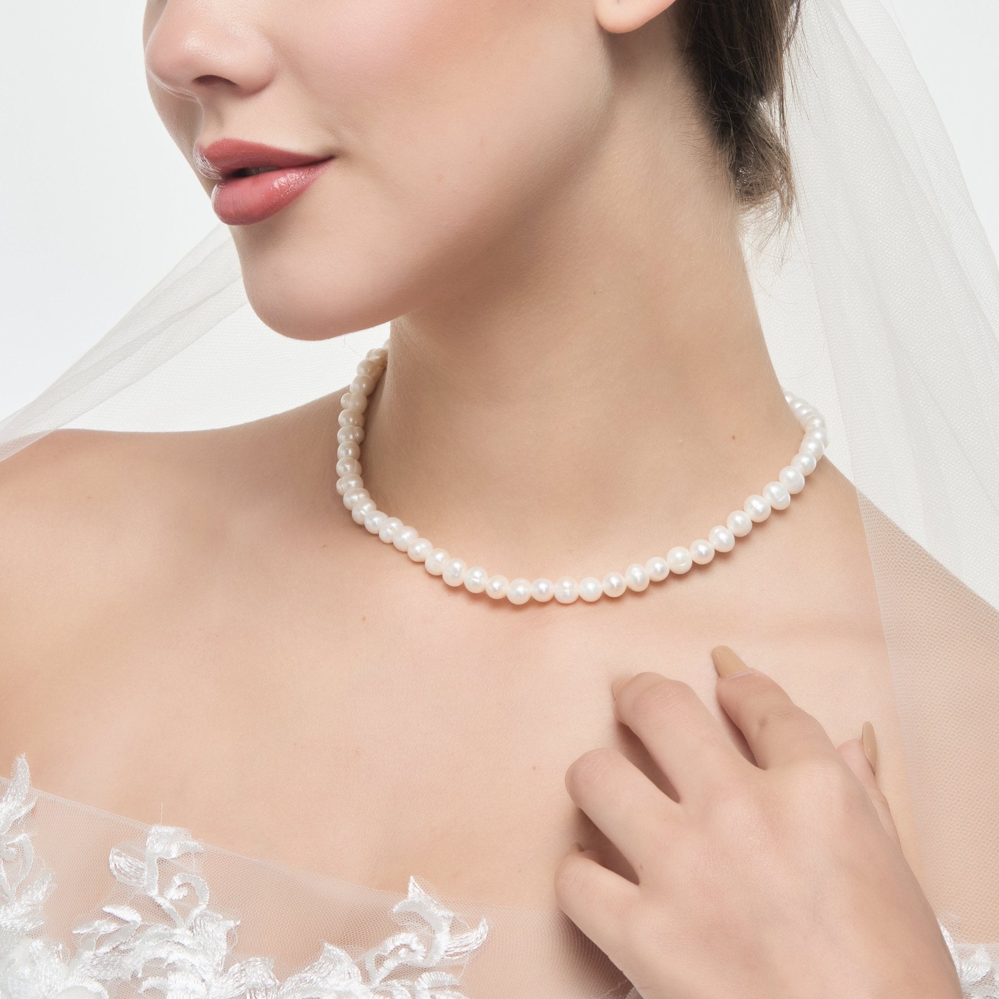 Sterling Silver White Freshwater Pearl Strand Choker Necklace