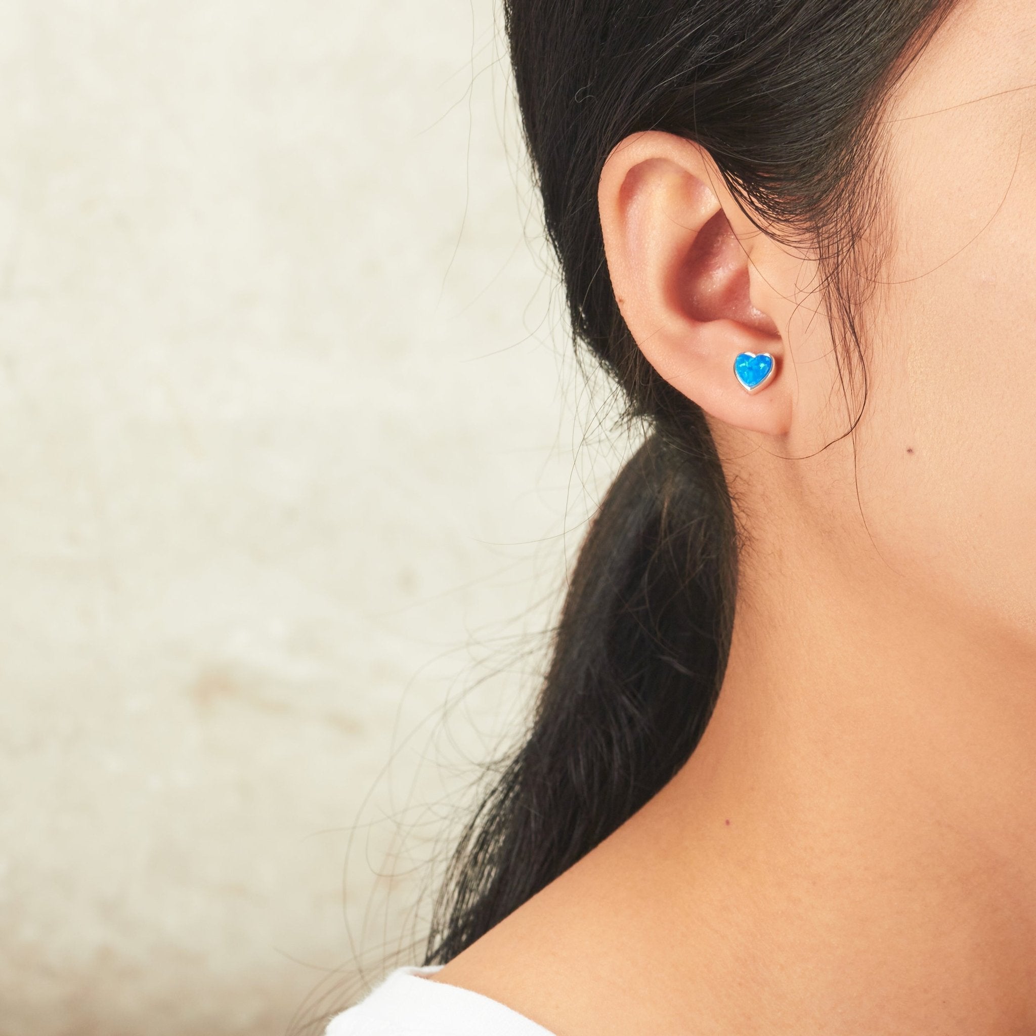 Synthetic Blue Opal Heart Stud Earrings