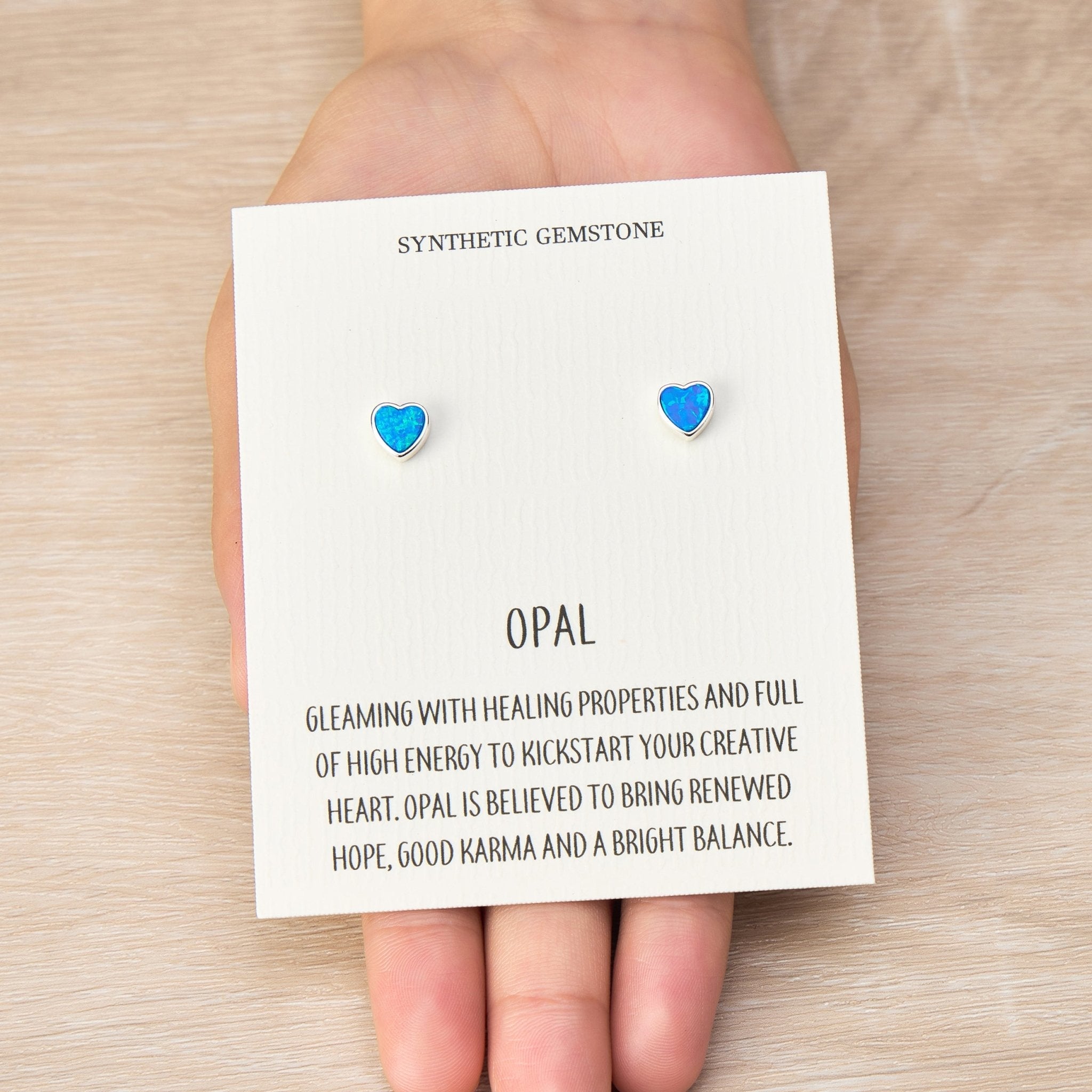 Synthetic Blue Opal Heart Stud Earrings with Quote Card