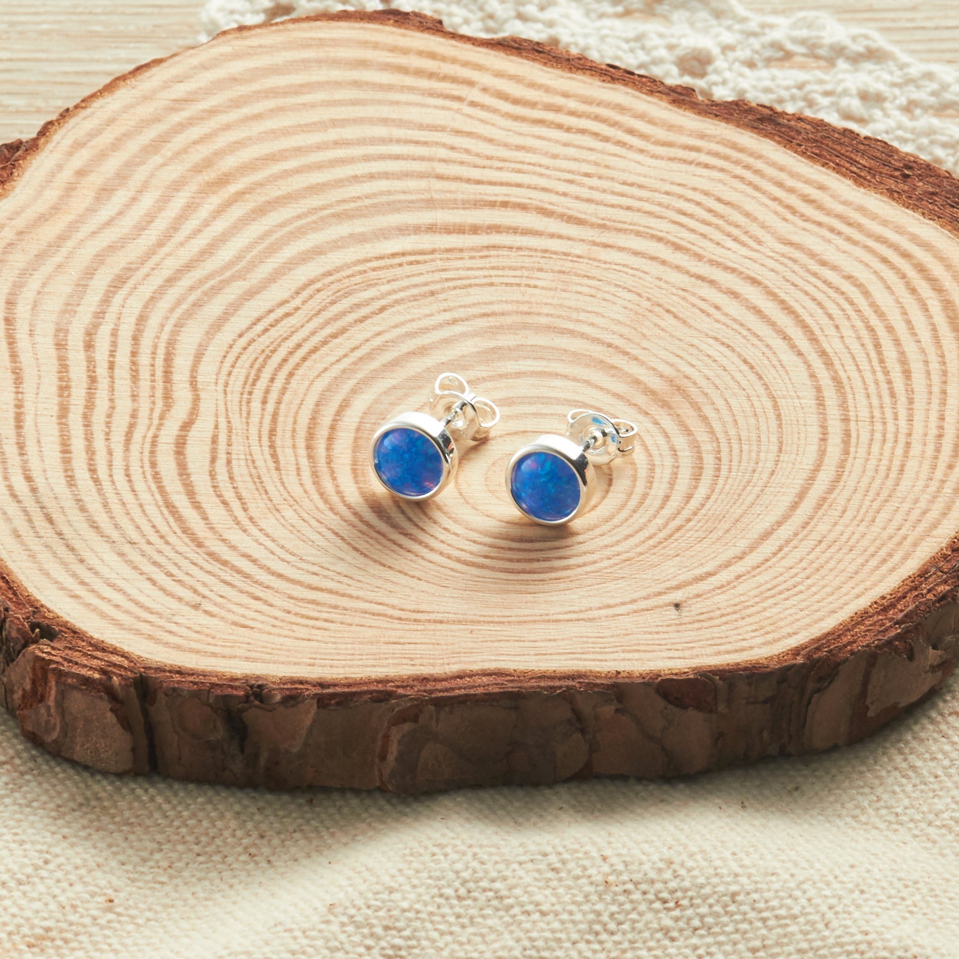 Synthetic Blue Opal Stud Earrings