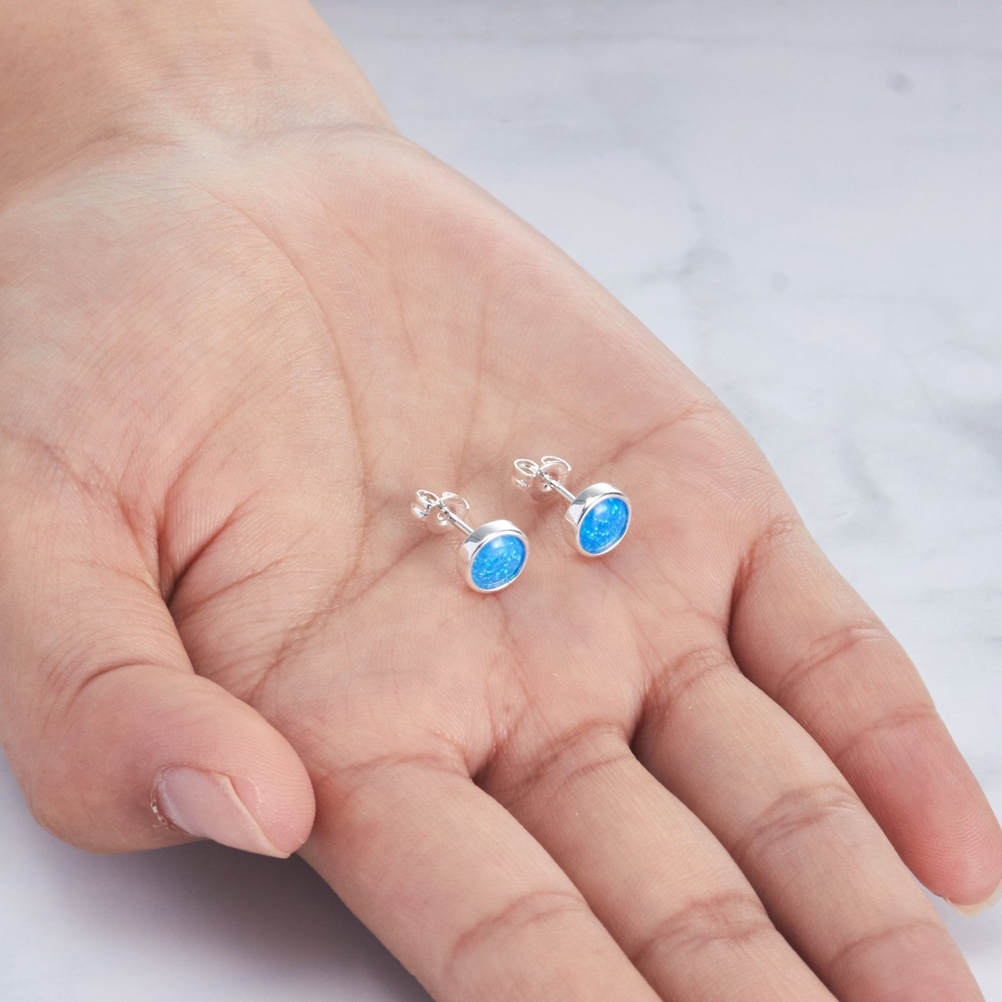 Synthetic Blue Opal Stud Earrings