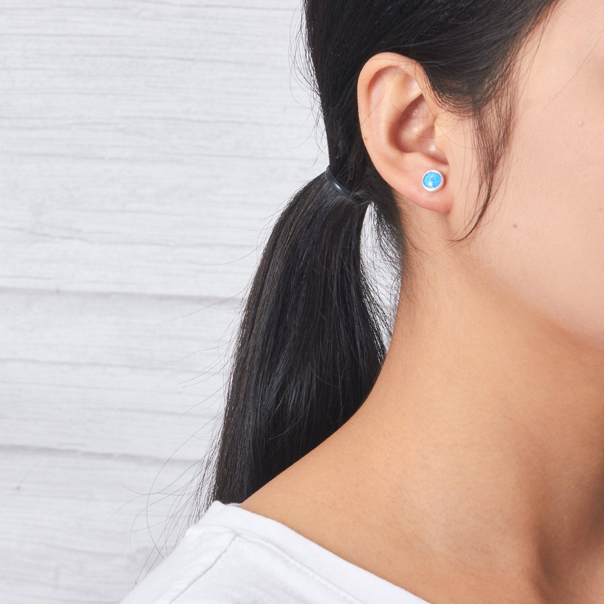 Synthetic Blue Opal Stud Earrings with Quote Card