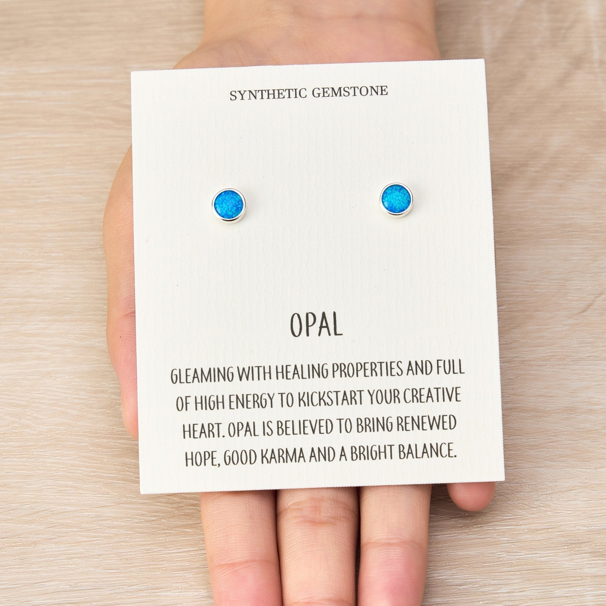 Synthetic Blue Opal Stud Earrings with Quote Card