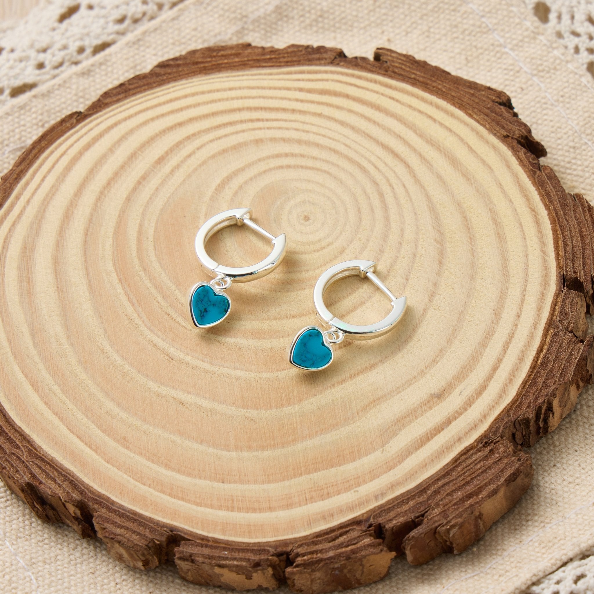 Synthetic Turquoise Gemstone Heart Charm Hoop Earrings with Quote Card