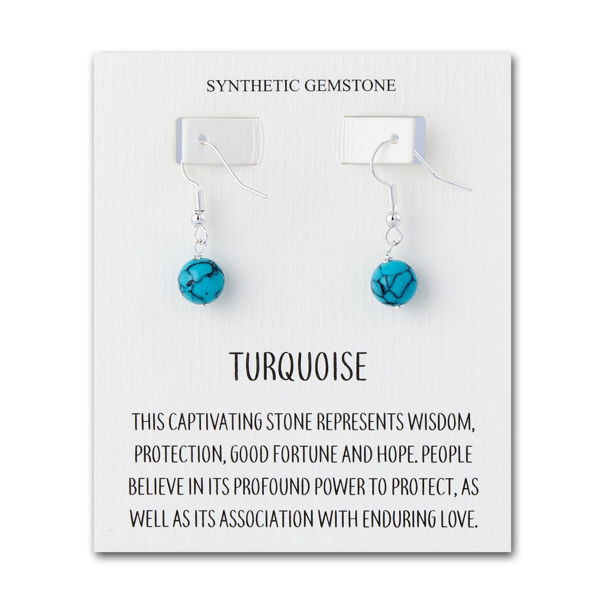Synthetic Turquoise Gemstone Round Drop Earrings with Quote Card