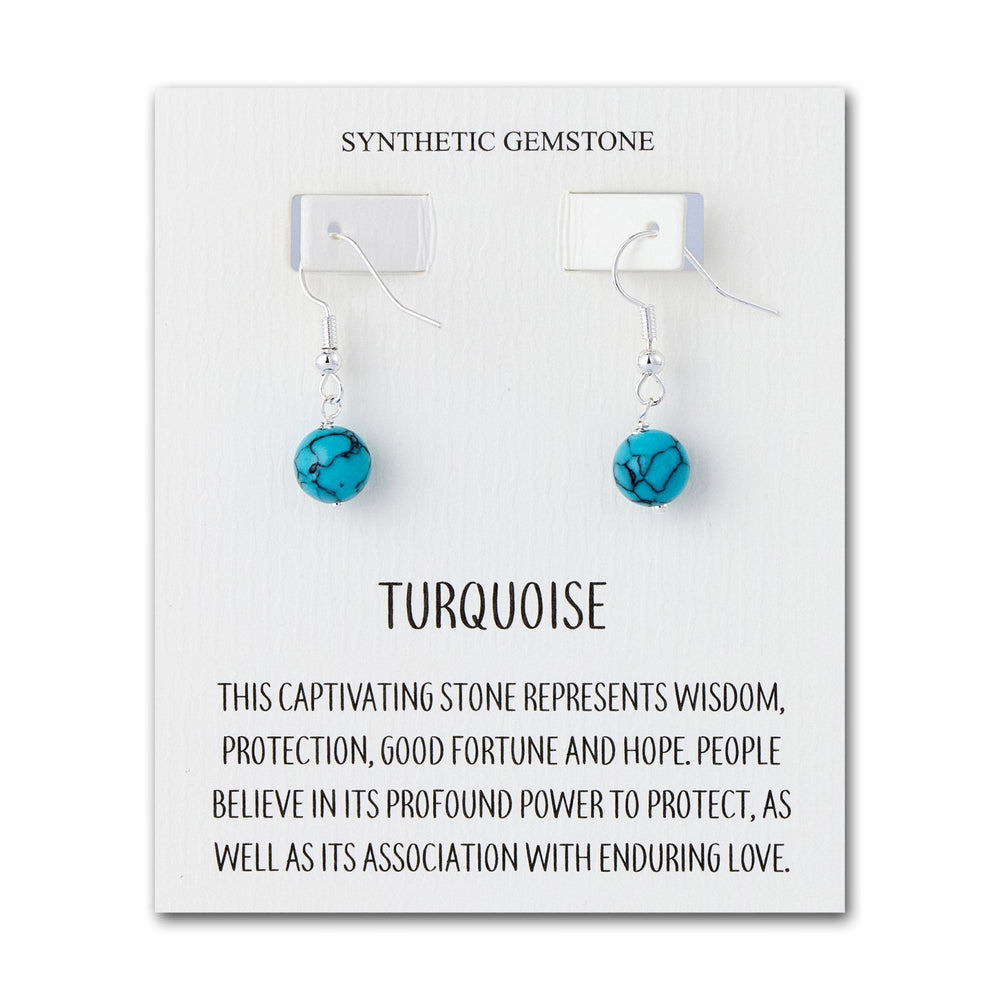 Synthetic Turquoise Gemstone Round Drop Earrings with Quote Card