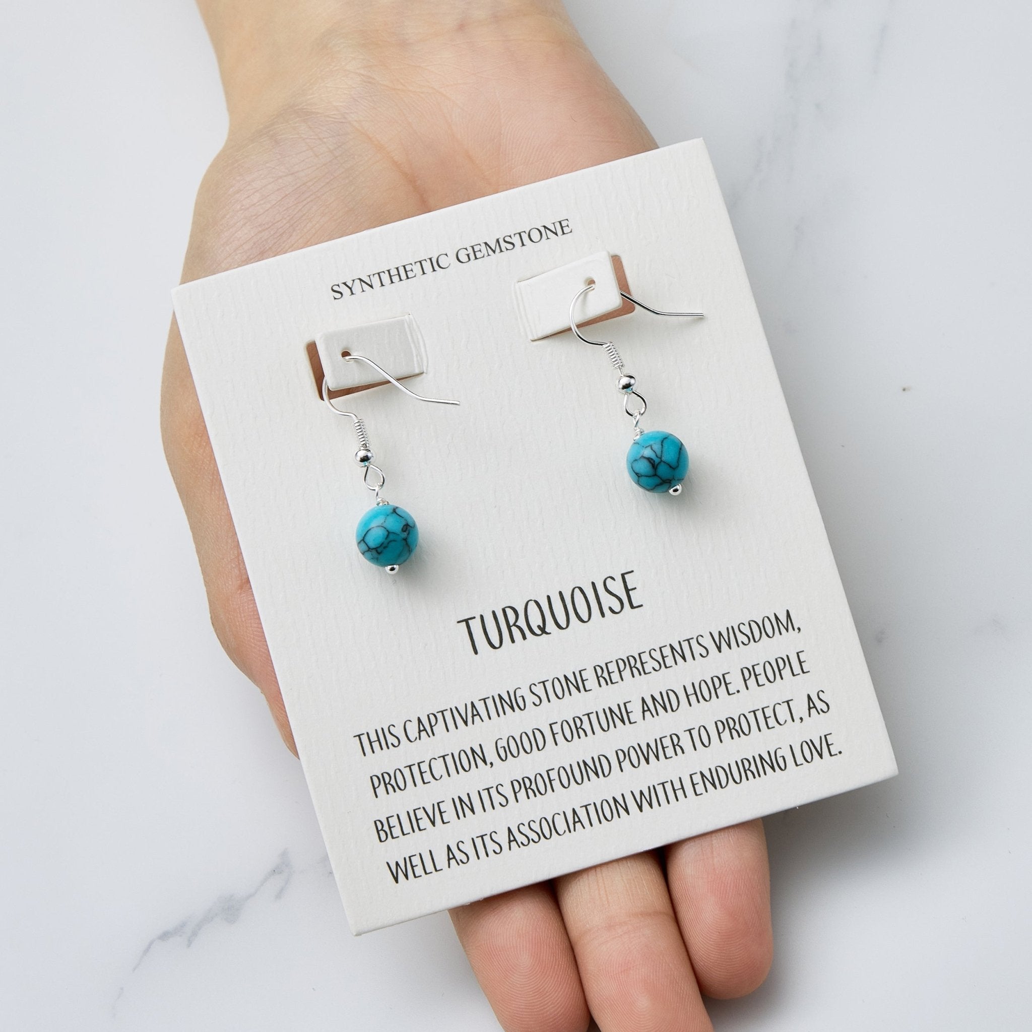 Synthetic Turquoise Gemstone Round Drop Earrings with Quote Card