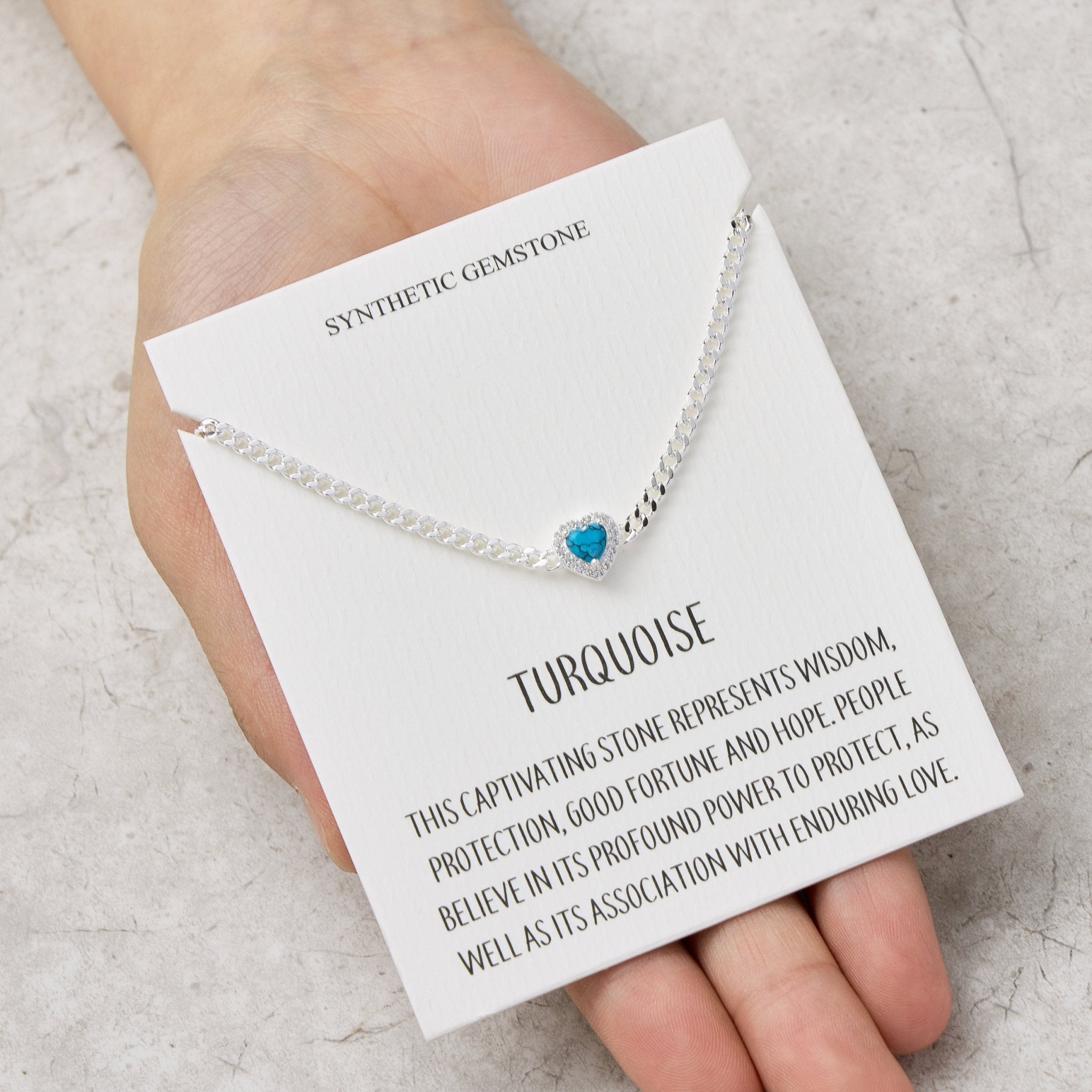 Synthetic Turquoise Heart Gemstone Bracelet with Quote Card Created with Zircondia® Crystals