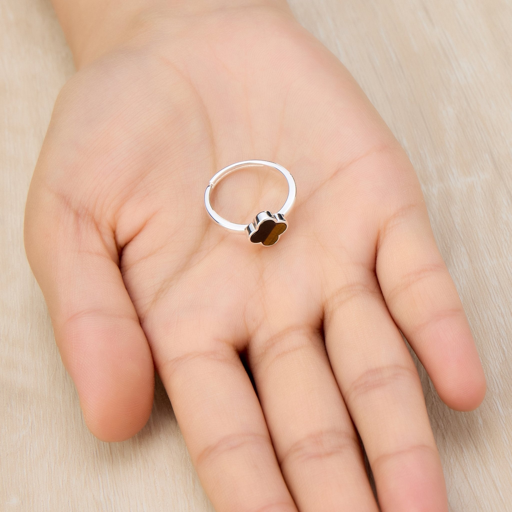 Tigers Eye Gemstone Adjustable Clover Ring