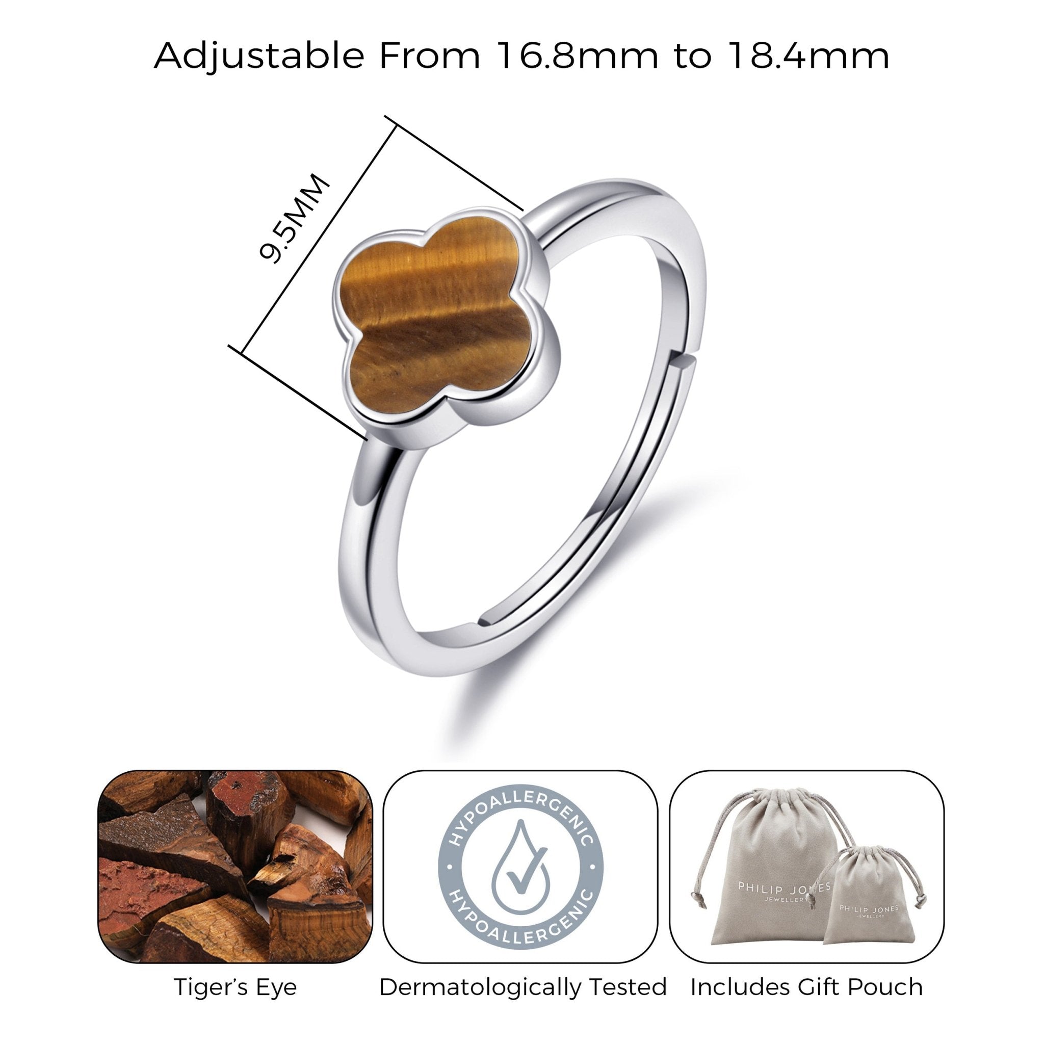 Tigers Eye Gemstone Adjustable Clover Ring