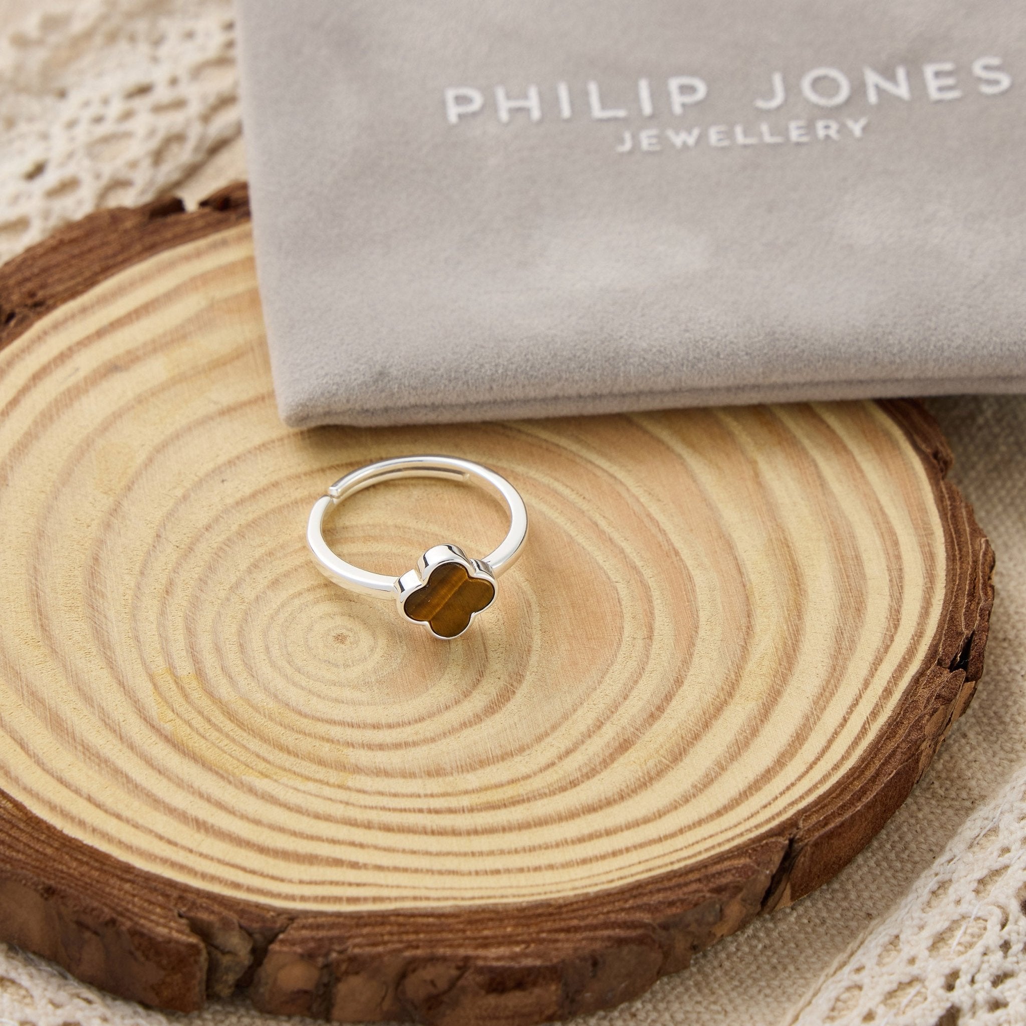 Tigers Eye Gemstone Adjustable Clover Ring