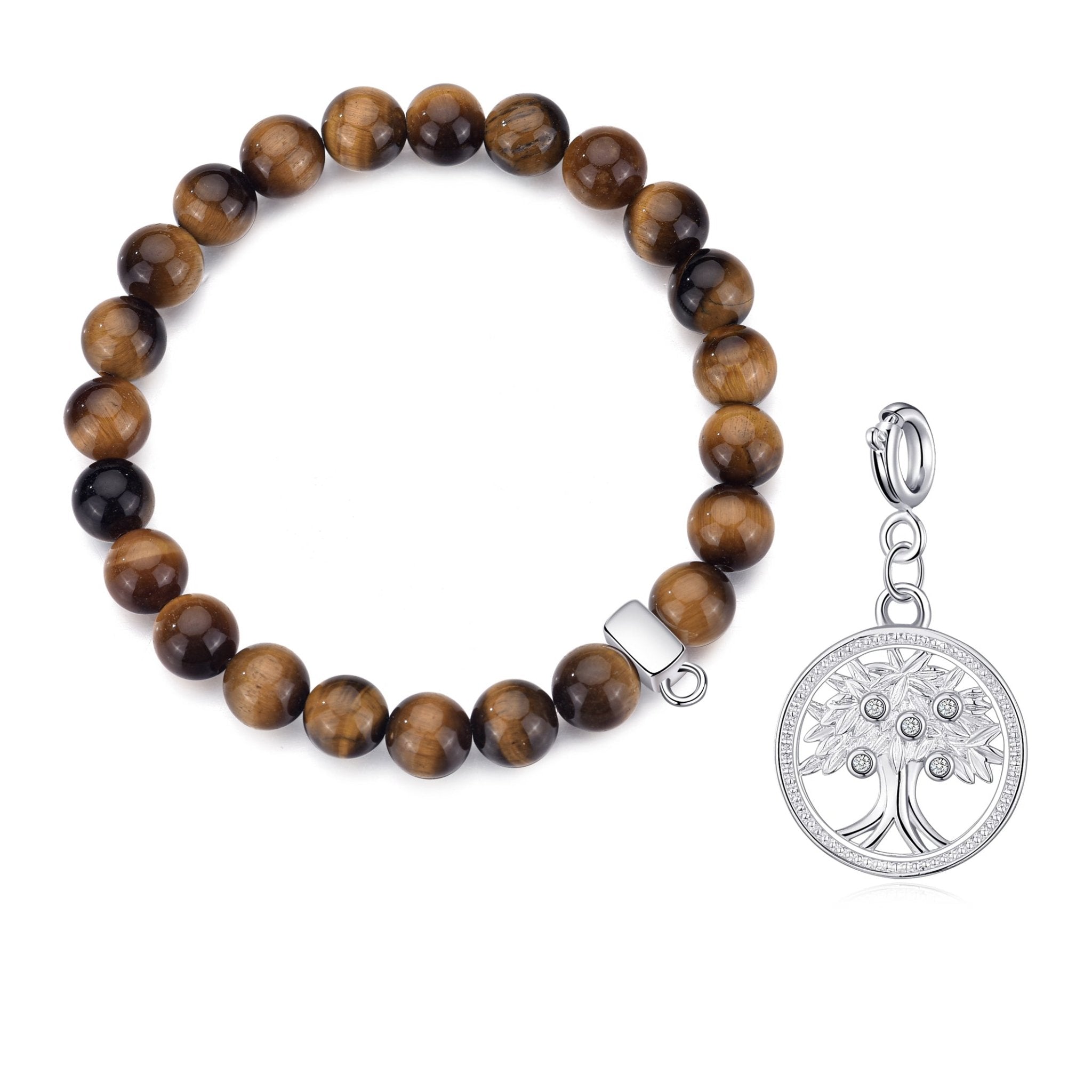 Tiger's Eye Gemstone Charm Stretch Bracelet with Charm Created with Zircondia® Crystals