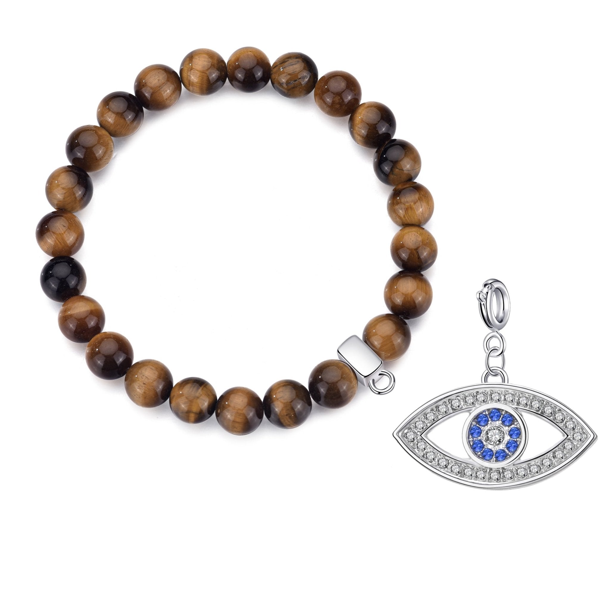 Tiger's Eye Gemstone Charm Stretch Bracelet with Charm Created with Zircondia® Crystals