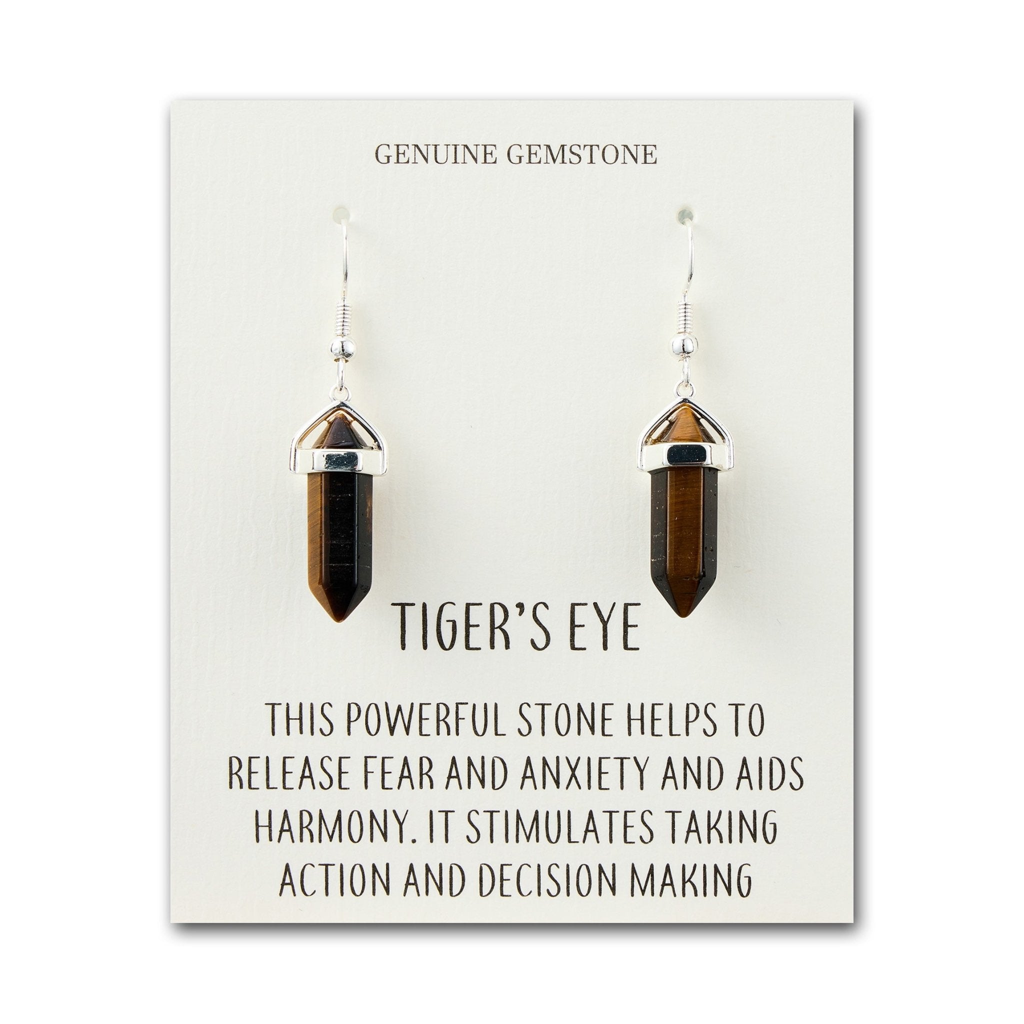 Tiger's Eye Gemstone Drop Earrings with Quote Card
