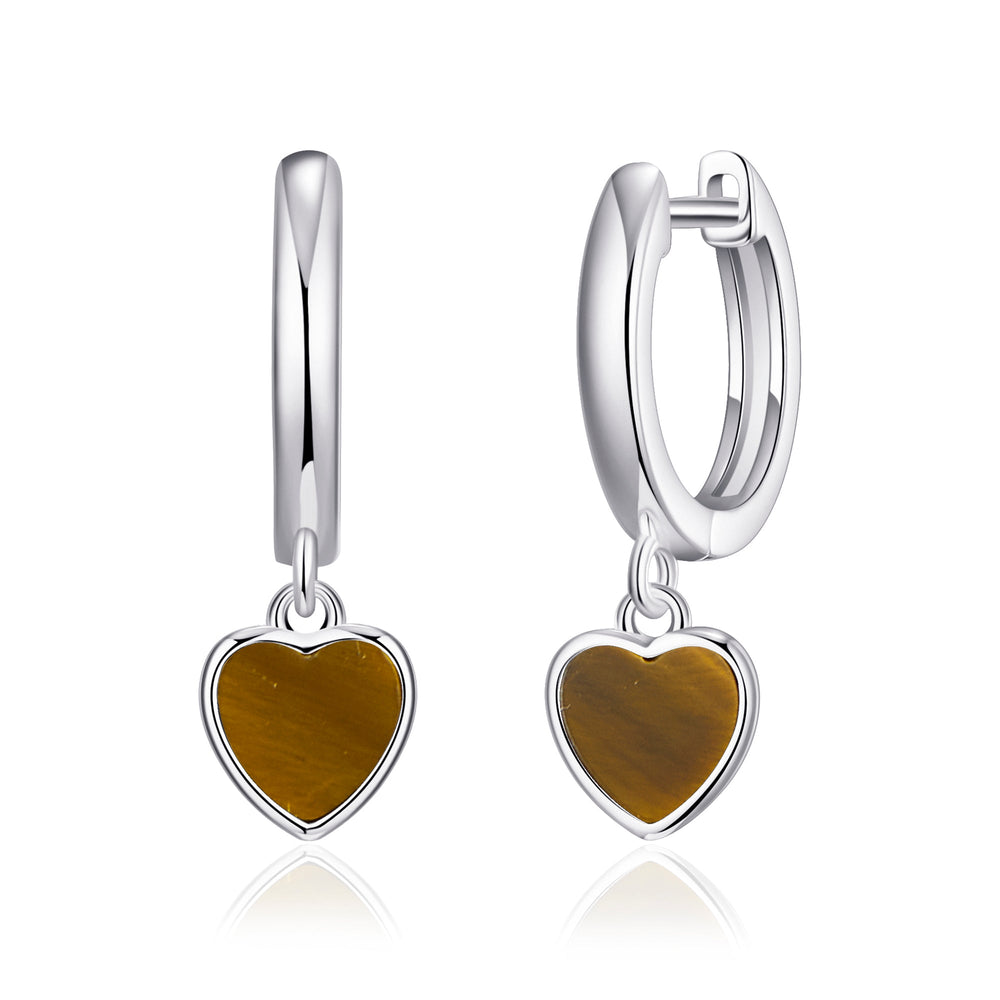 Tigers Eye Gemstone Heart Charm Hoop Earrings